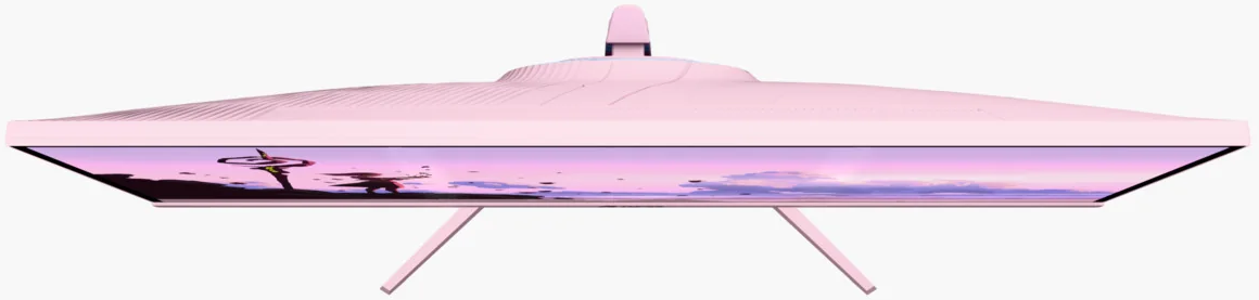 Un moniteur rose affichant un ciel rose avec des nuages.