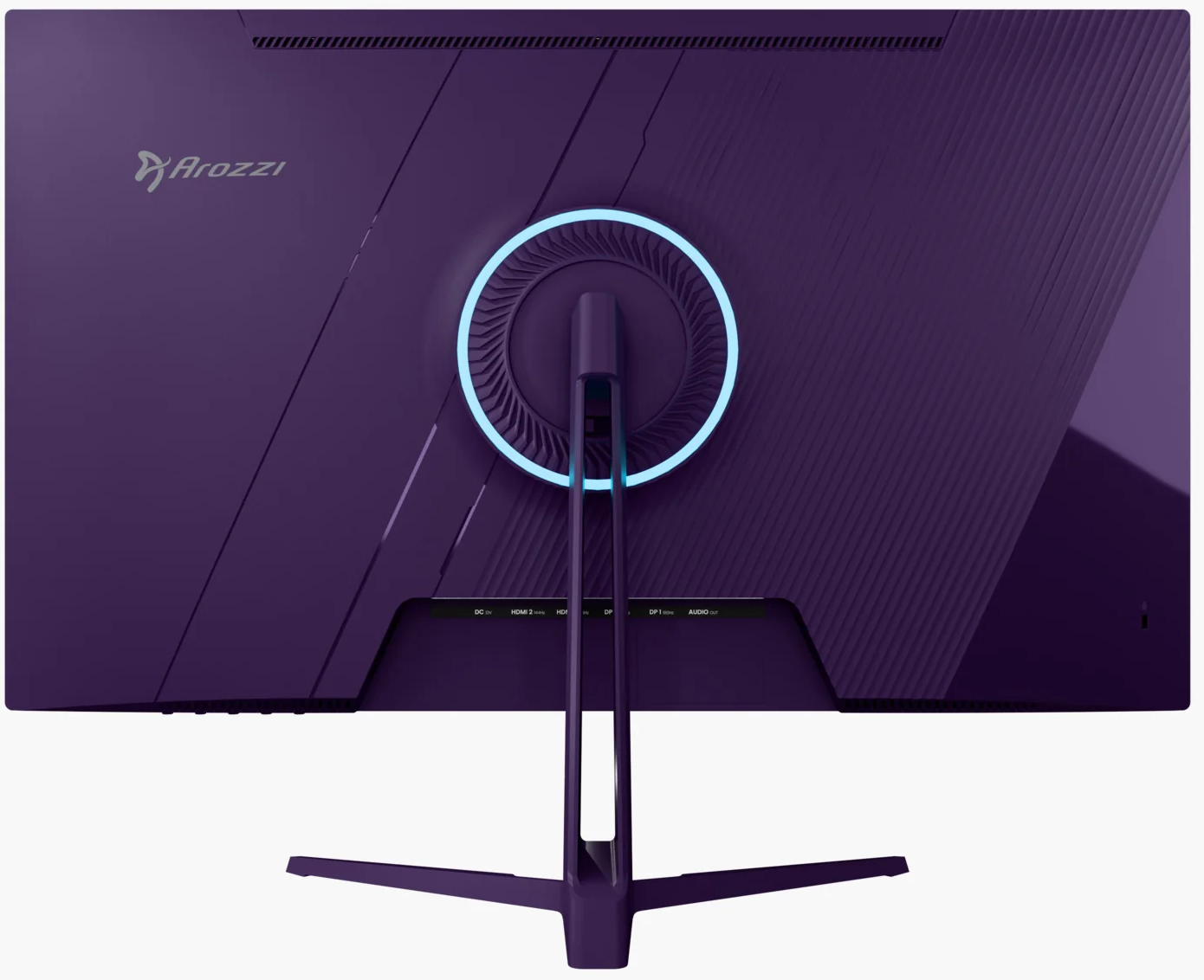 Arrière d'un moniteur violet avec anneau lumineux bleu et ports.