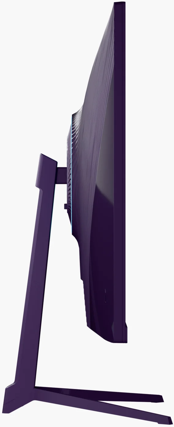 Moniteur violet vu de côté, avec un pied stylisé.