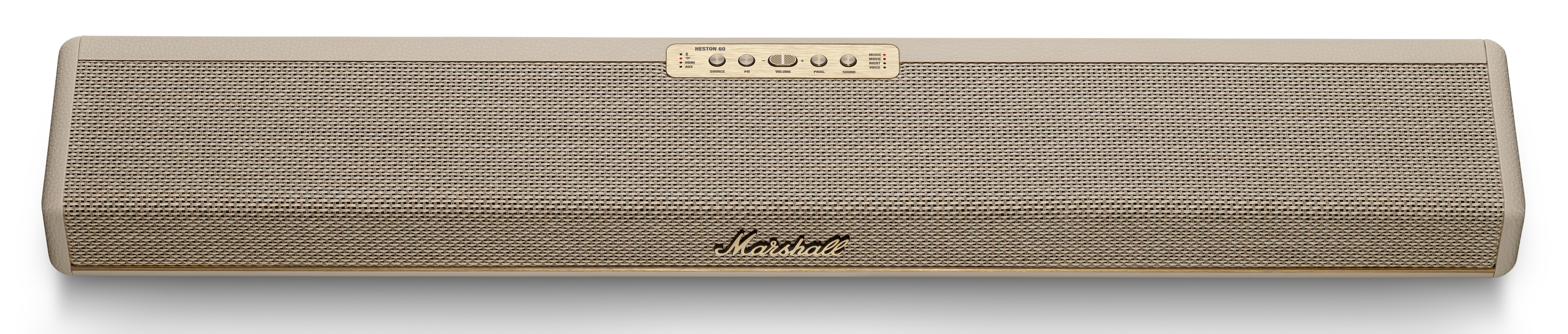 Beżowy głośnik Marshall z materiałową kratką i złotymi przyciskami.