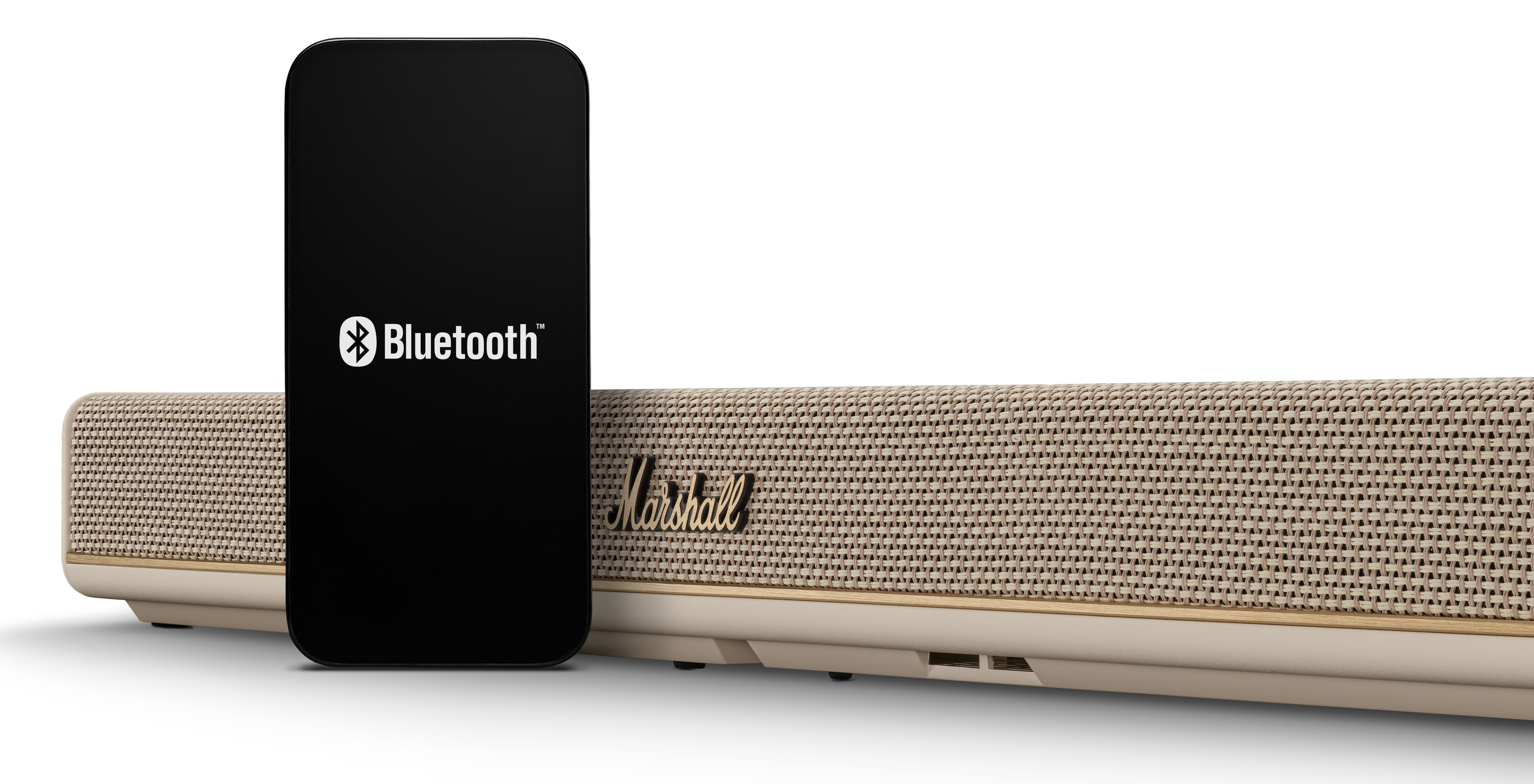Czarny smartfon z logo Bluetooth obok głośnika Marshall.