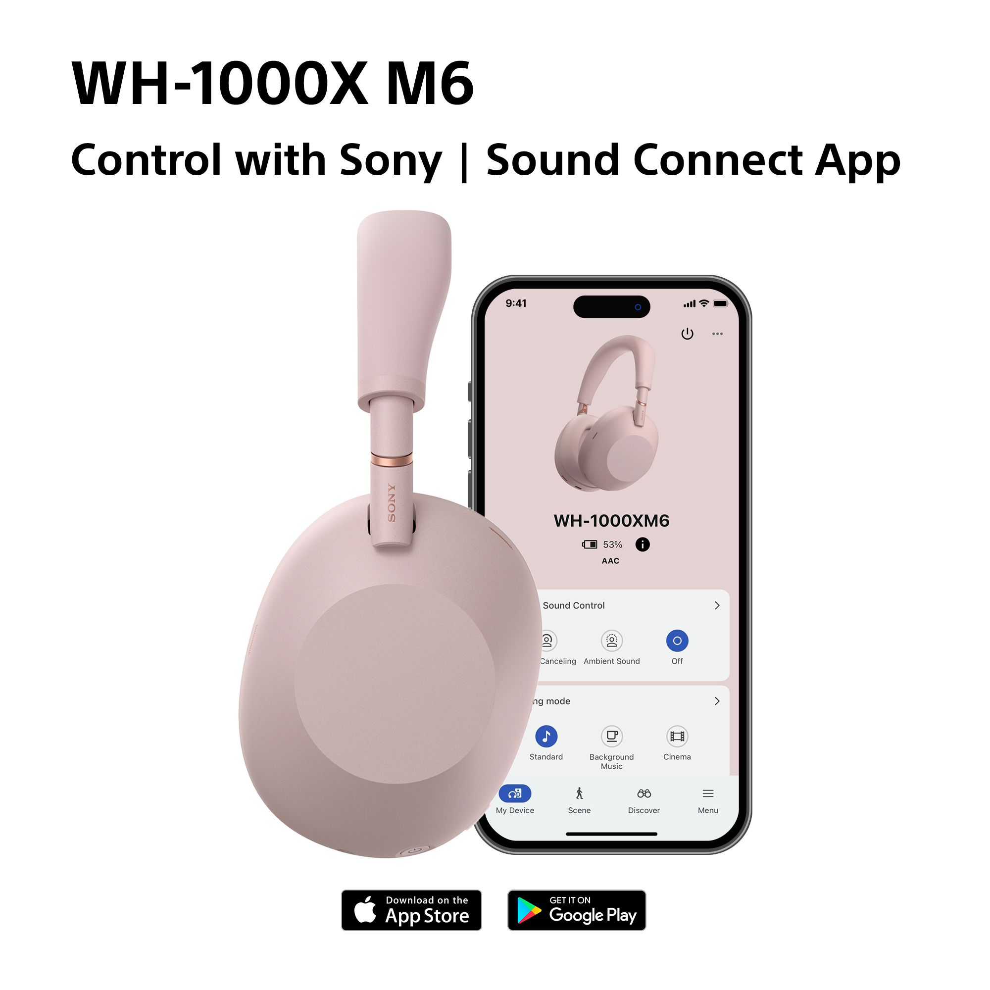 Rosa Sony WH-1000XM6 Kopfhörer und Smartphone mit App.