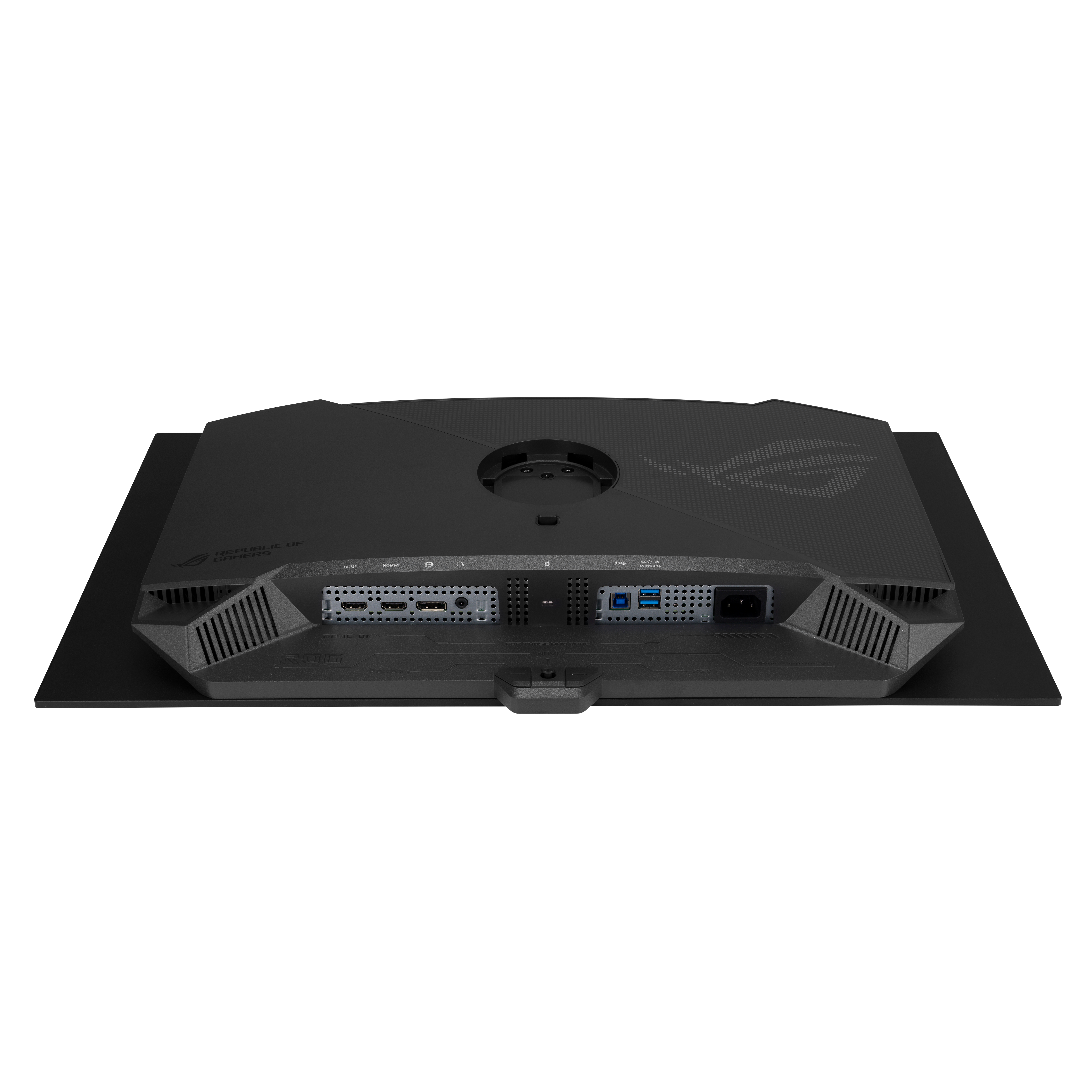 Rückseite eines schwarzen Monitors mit Anschlüssen: HDMI, USB, Strom.