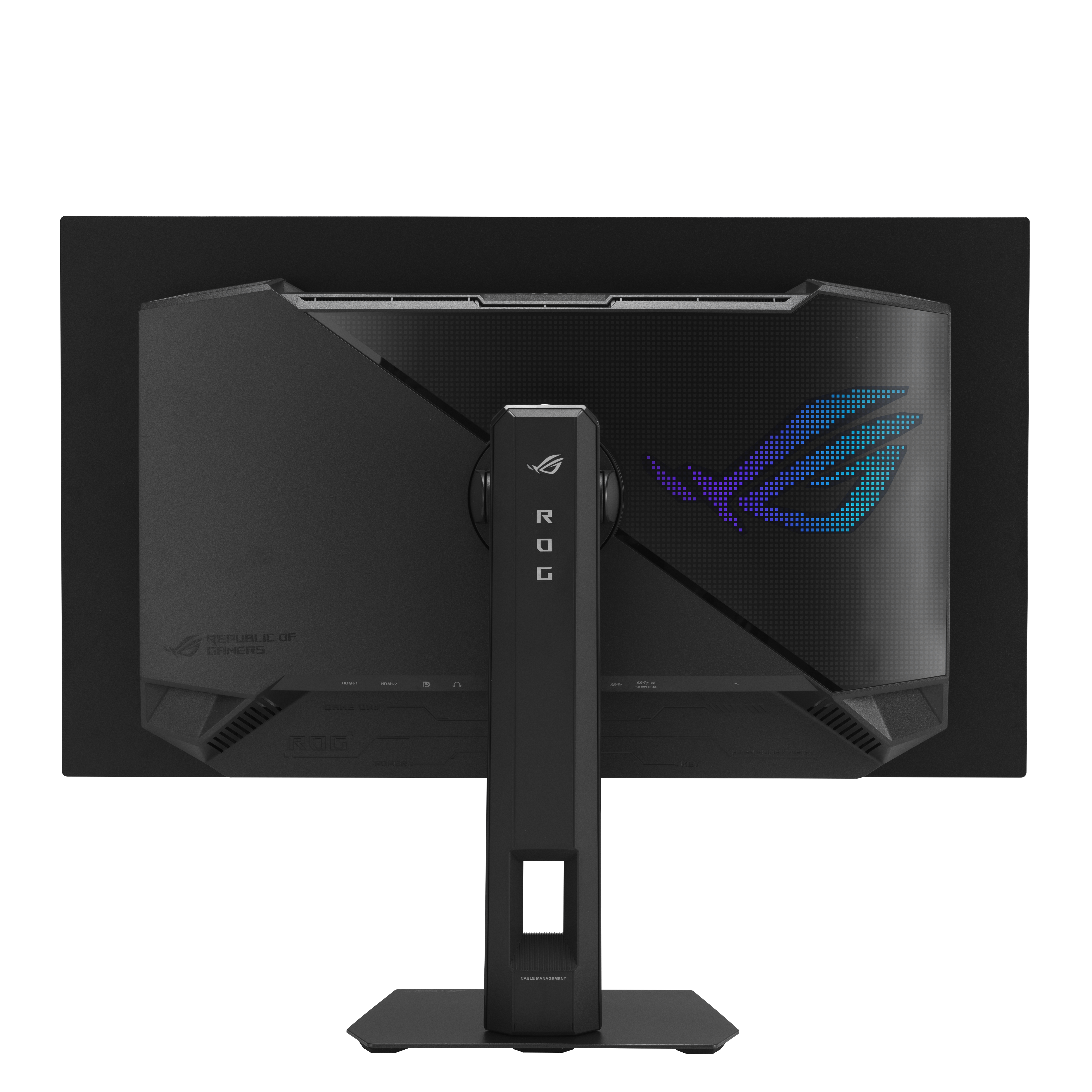 Rückseite eines schwarzen Monitors mit ROG-Logo und Anschlüssen.