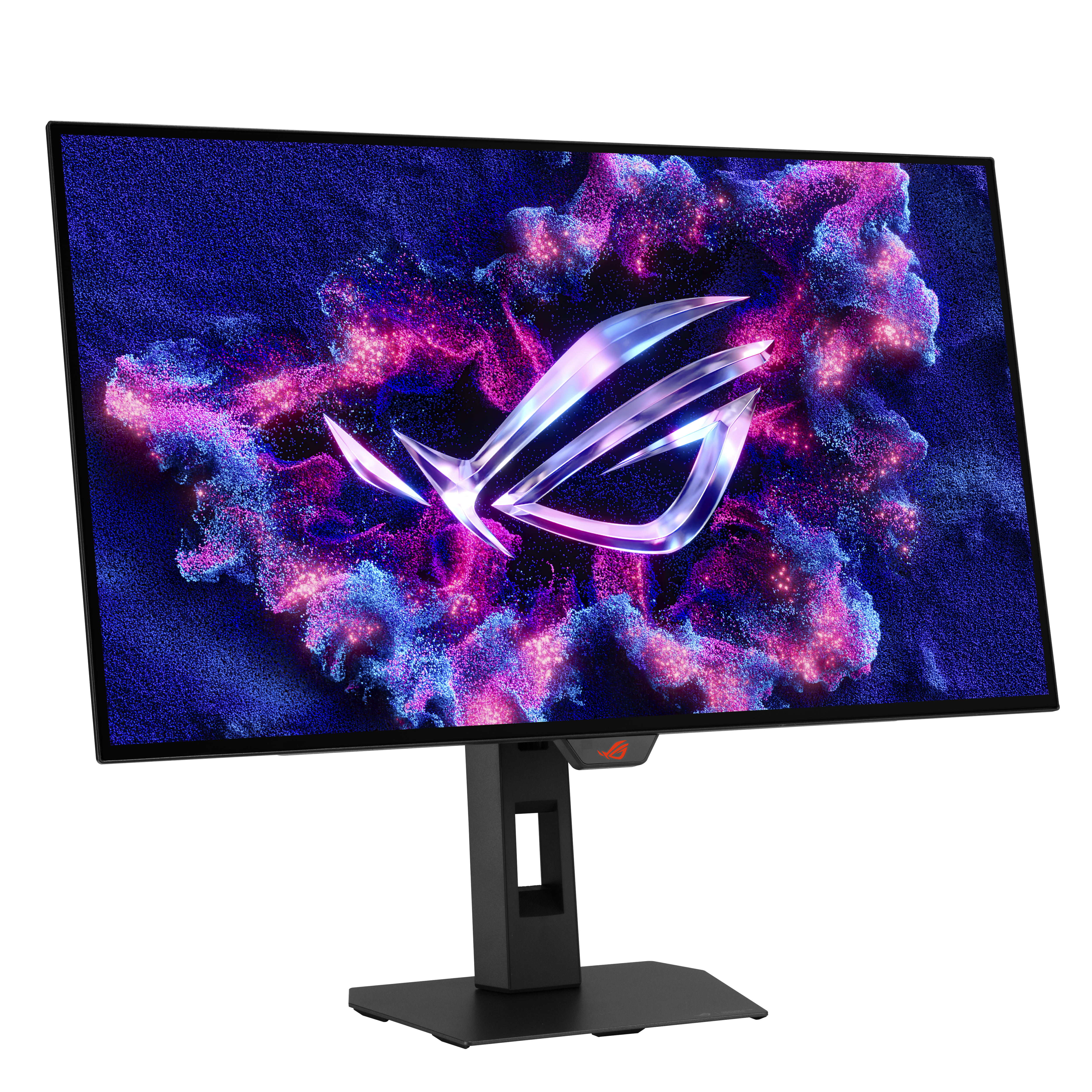 Ein Gaming-Monitor mit einem leuchtenden ROG-Logo und einem bunten, körnigen Hintergrund.