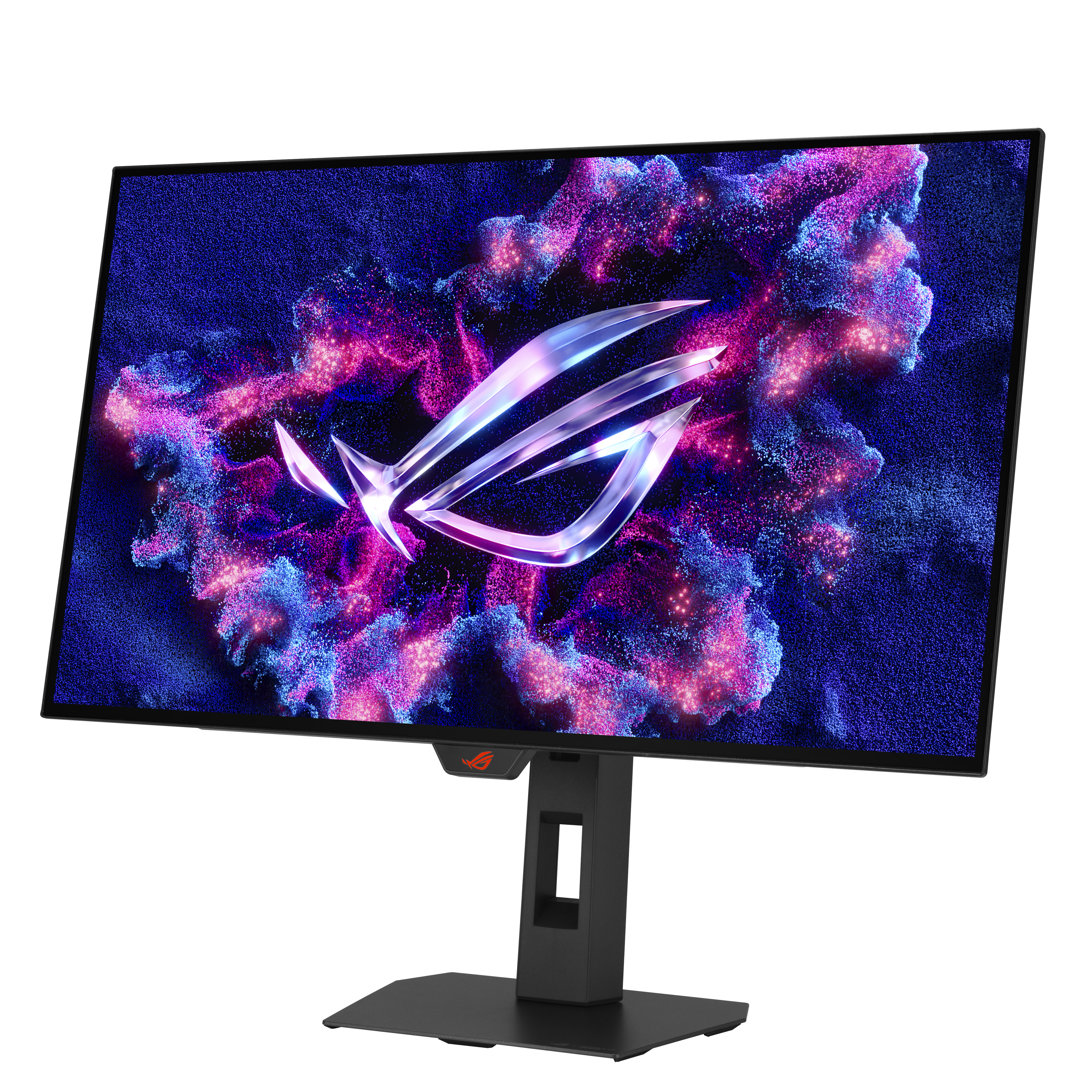 Ein Gaming-Monitor mit einem stilisierten ROG-Logo und einem wirbelnden, farbigen Partikeleffekt.