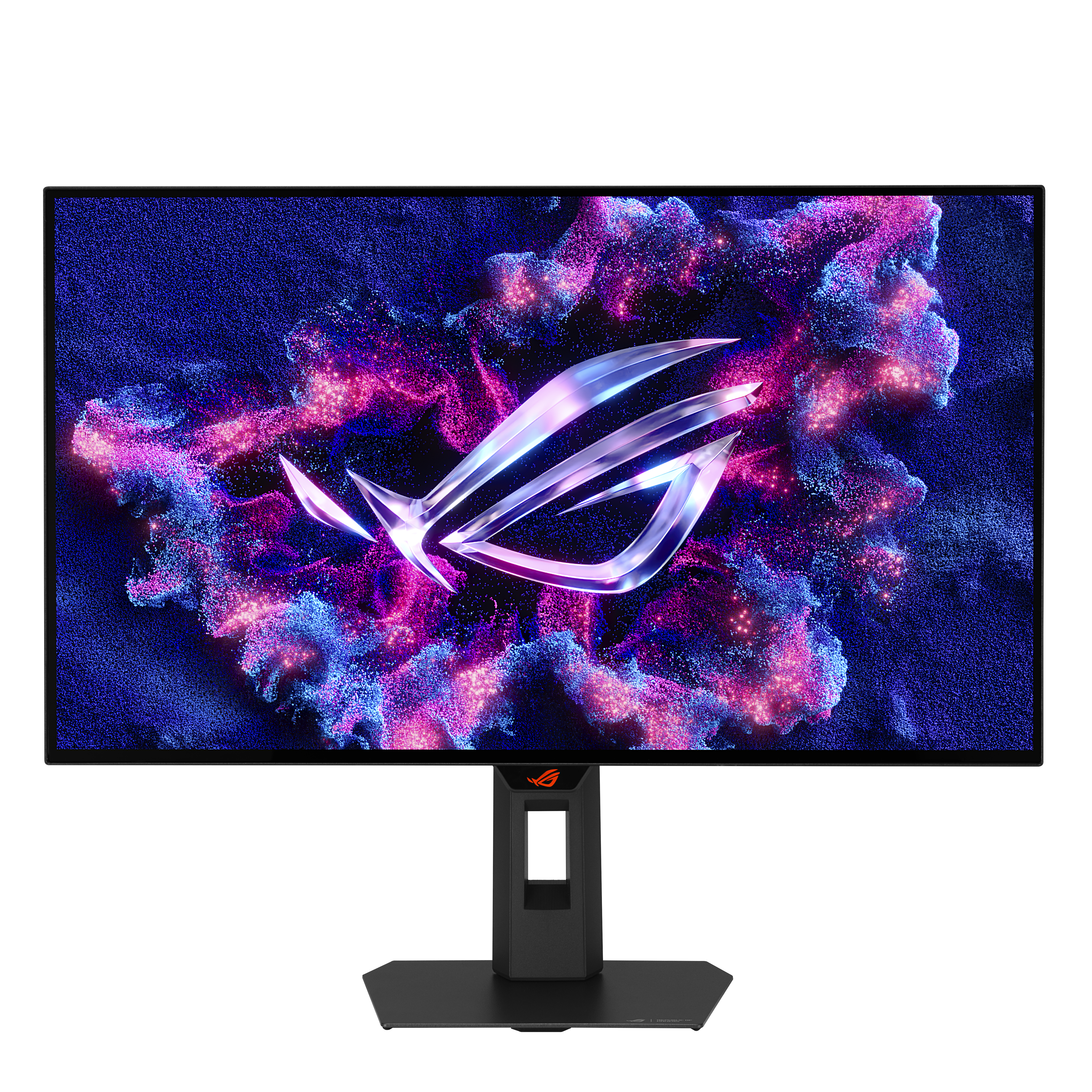 Ein Gaming-Monitor mit dem ROG-Logo auf einem abstrakten Hintergrund.