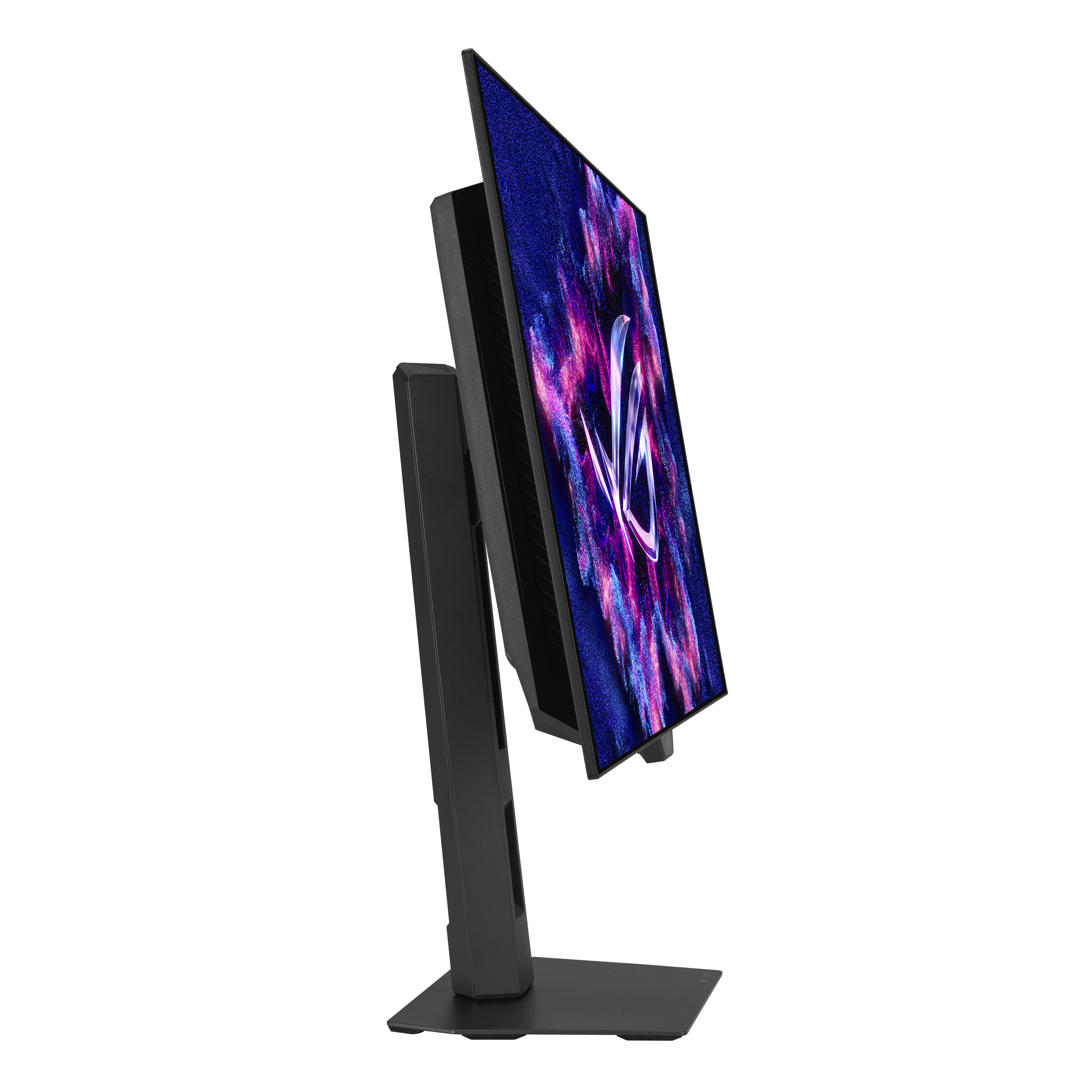 Ein schwarzer Computermonitor mit einem bunten Hintergrundbild steht auf einem Ständer.