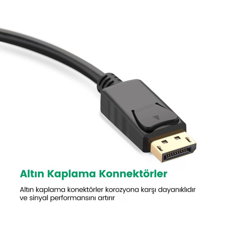 Altın kaplamalı konektörlü siyah DisplayPort kablosu.