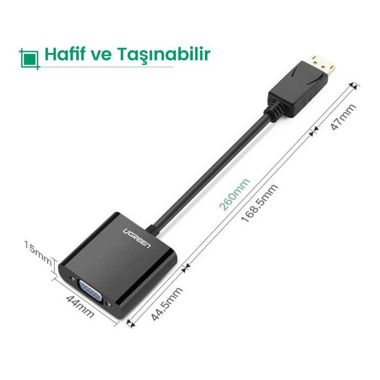 VGA ve DisplayPort konektörlü siyah bir UGREEN adaptörü.