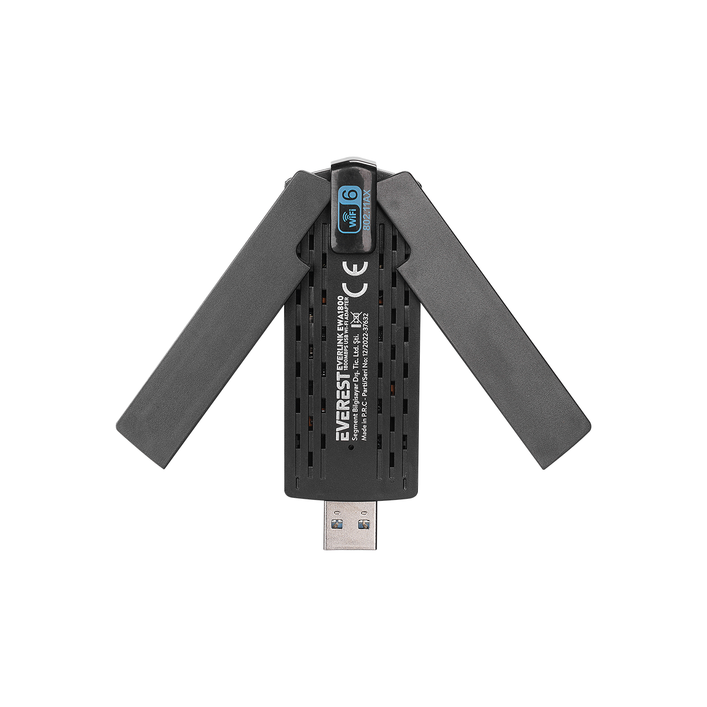 Katlanabilir antenlere ve WiFi 6 logosuna sahip siyah USB Wi-Fi adaptörü.