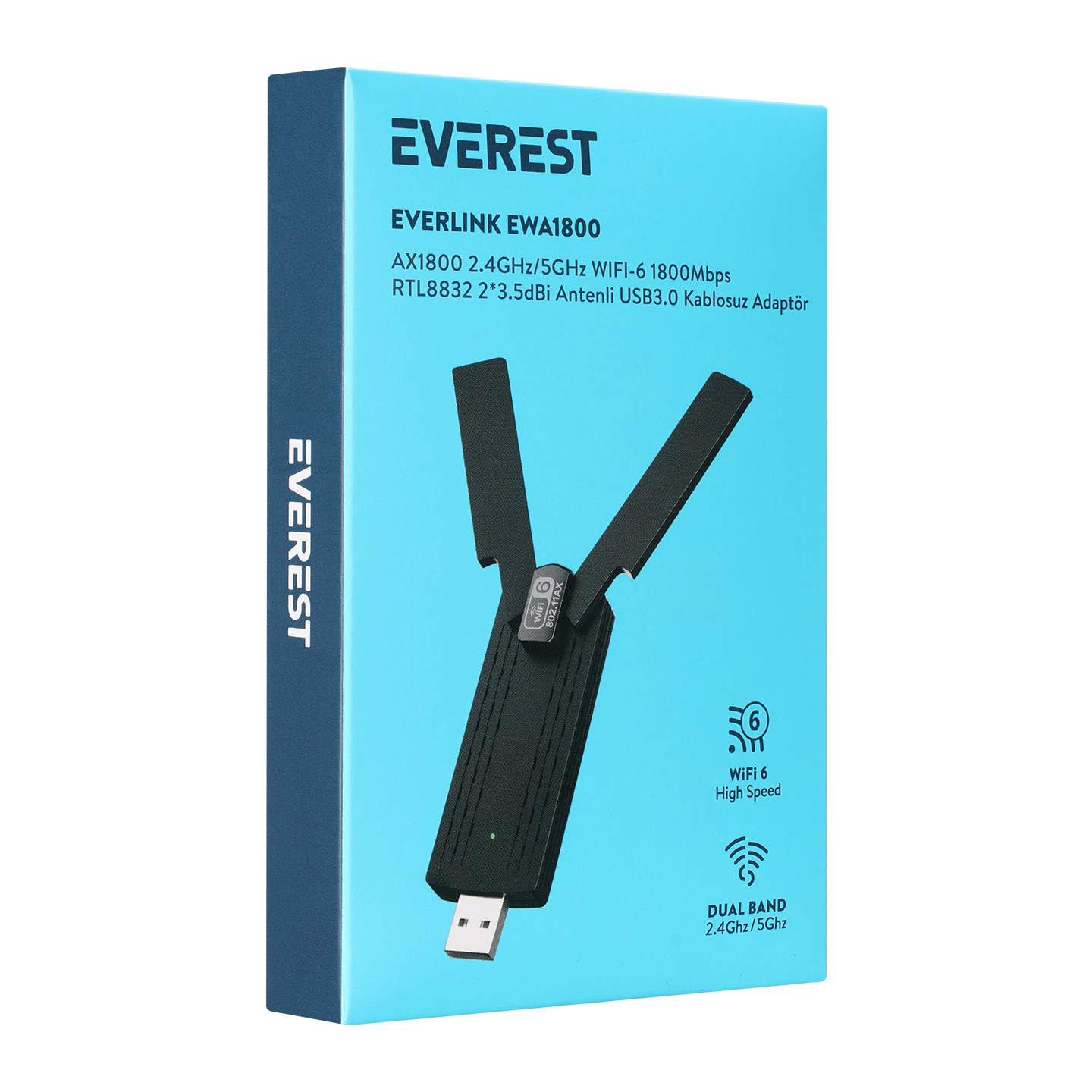 Everest WiFi 6 USB adaptörü antenli açık mavi kutuda.