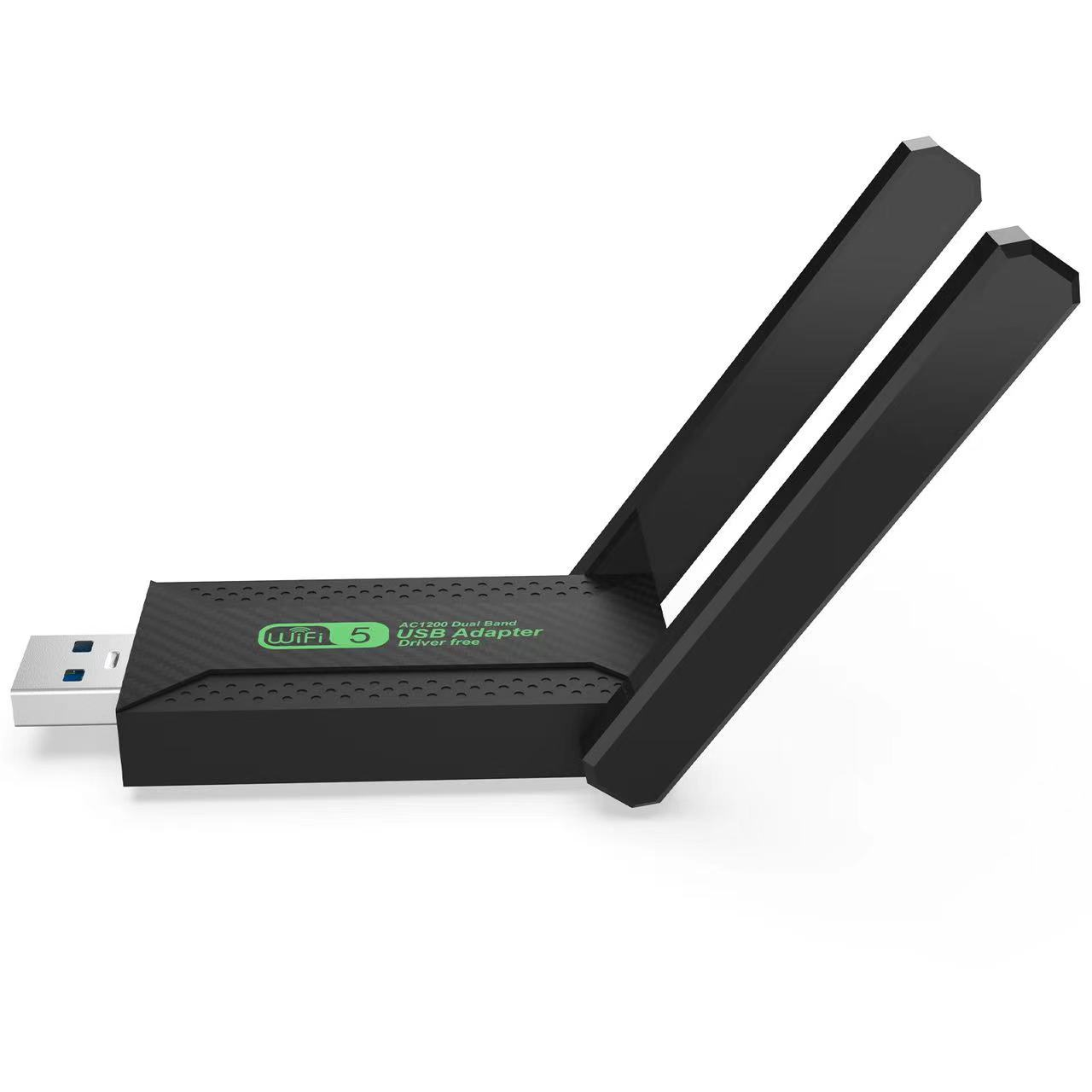 Siyah USB WiFi adaptörü, iki antenli, üzerinde "WiFi 5" yazılı.