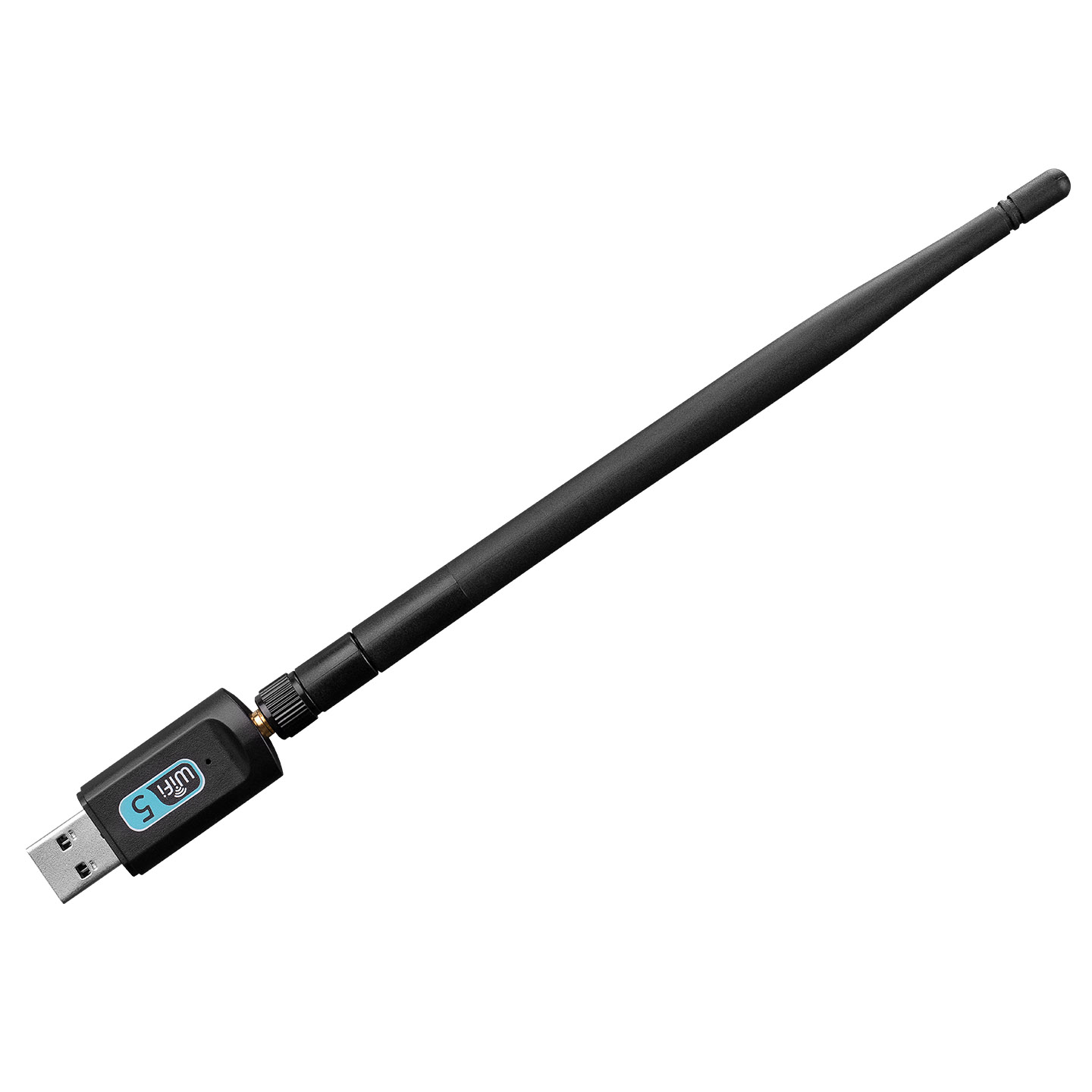 Antenli ve "WiFi 5" etiketli siyah USB WiFi adaptörü.
