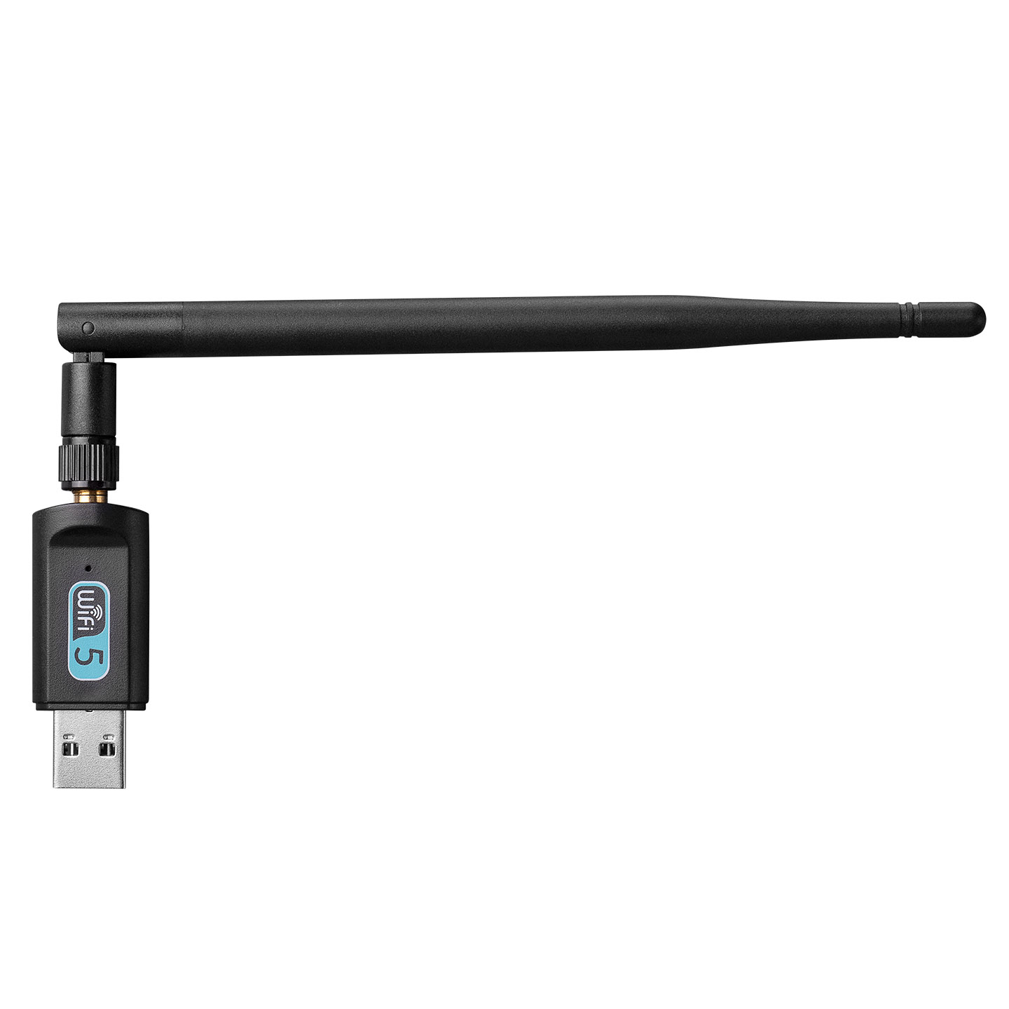 USB konektörlü ve antenli siyah WiFi 5 adaptörü.