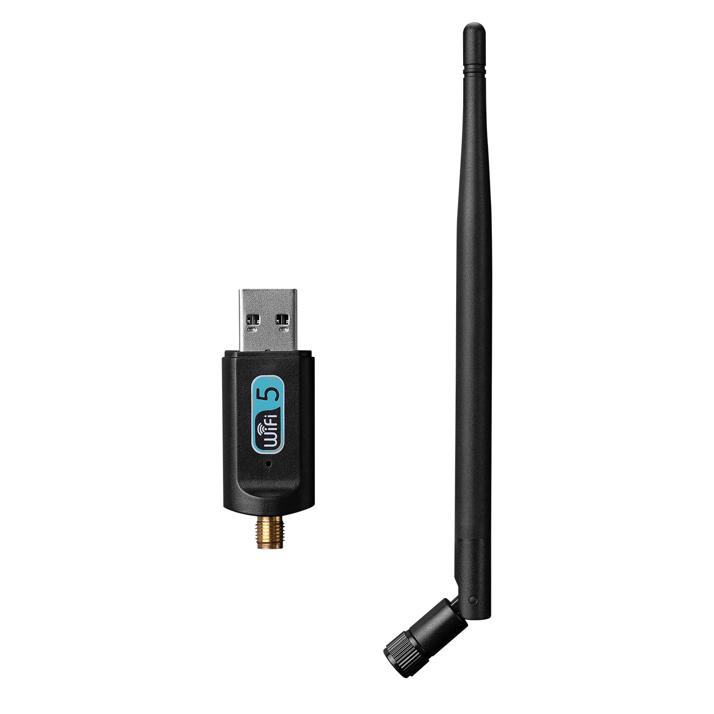 Beyaz arka plan üzerinde antenli siyah USB Wi-Fi adaptörü.