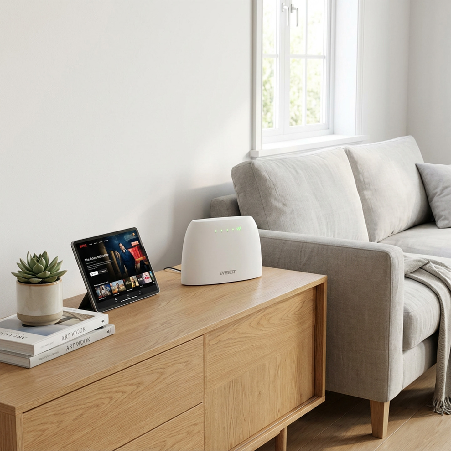 Netflix gösteren tablet, beyaz cihaz ve ahşap dolap üzerinde saksı bitkisi.