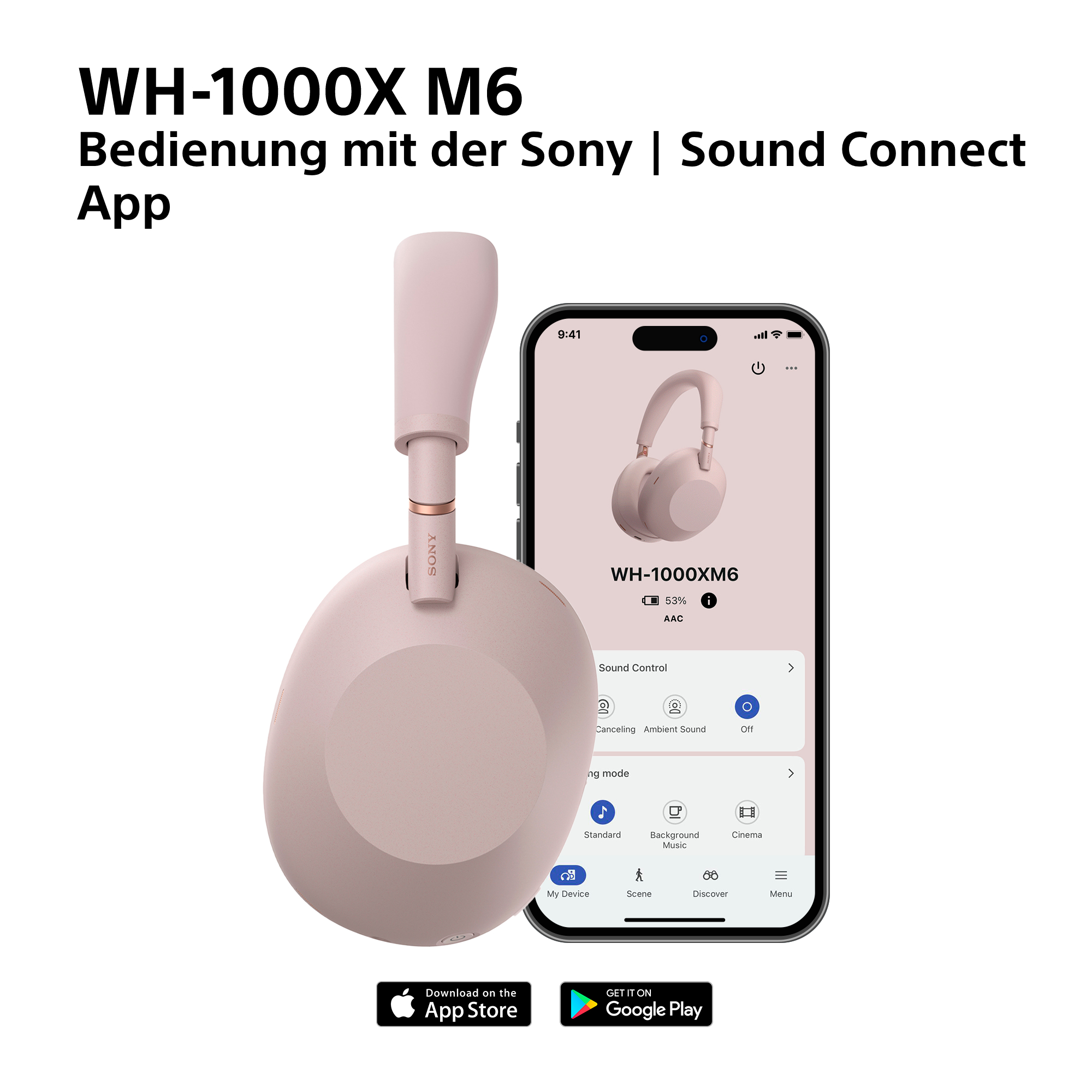 Rosa Sony Kopfhörer mit App-Anzeige auf einem iPhone. Links und rechts unten.