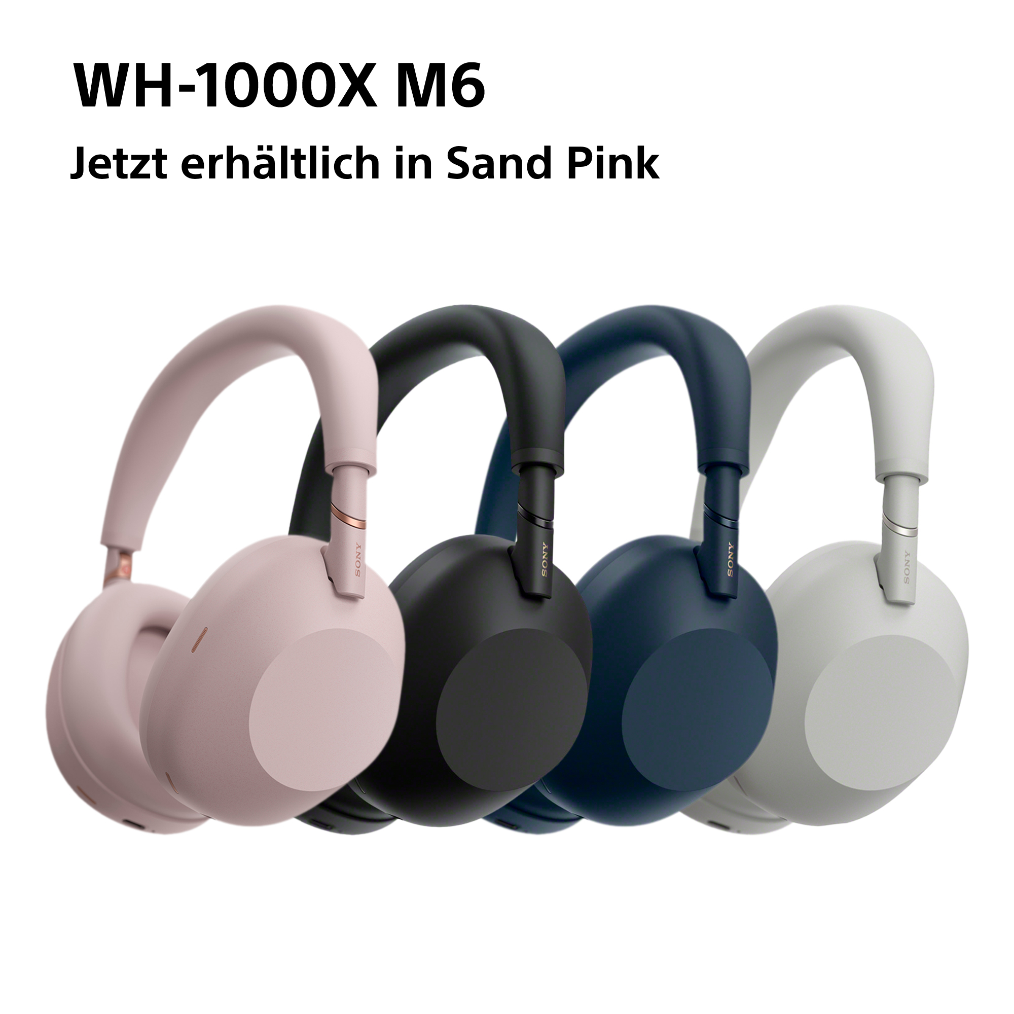 Vier Sony Kopfhörer in Sand Pink, Schwarz, Dunkelblau und Grau.