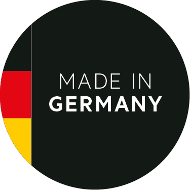 Kreis mit deutscher Flagge und Text 'MADE IN GERMANY'.