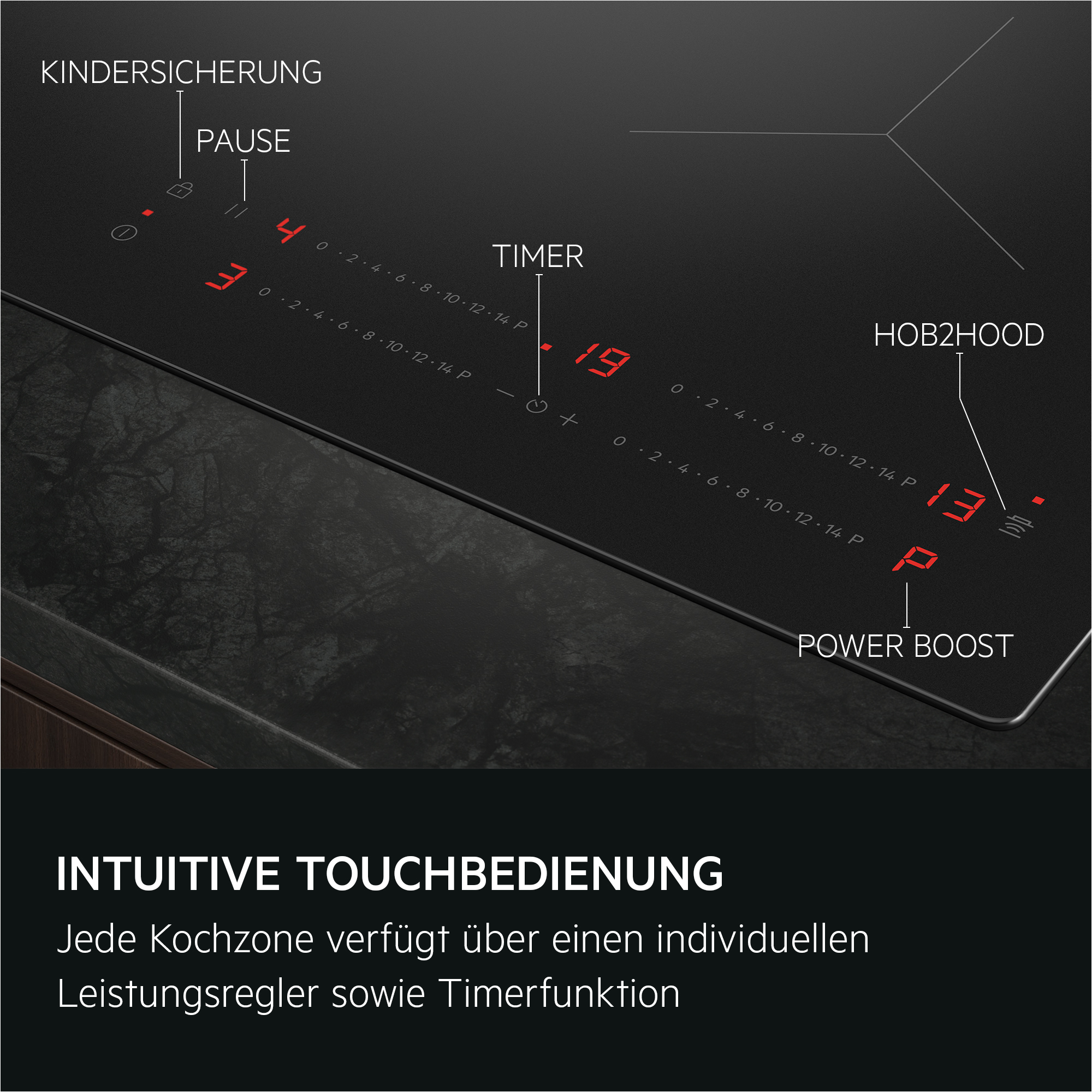 Induktionskochfeld mit Touch-Bedienung, Zahlenanzeige und Kindersicherung.