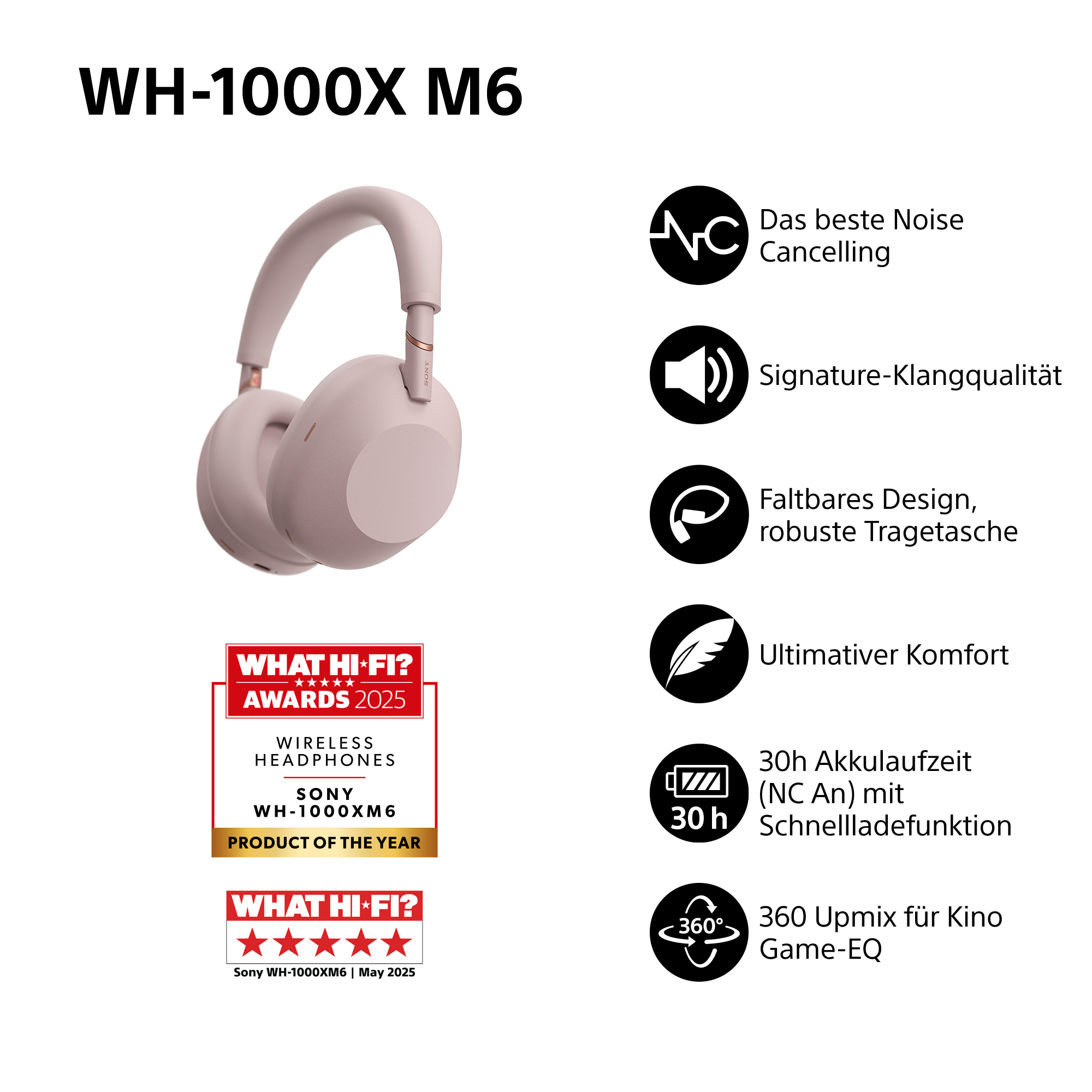 Sony WH-1000XM6 Kopfhörer: Noise Cancelling, 30h Akku, faltbar.