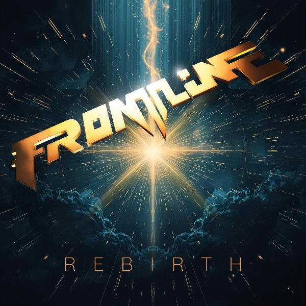 Goldene Schrift "FRONTLINE REBIRTH" vor Sternenexplosion. Dunkelblau.
