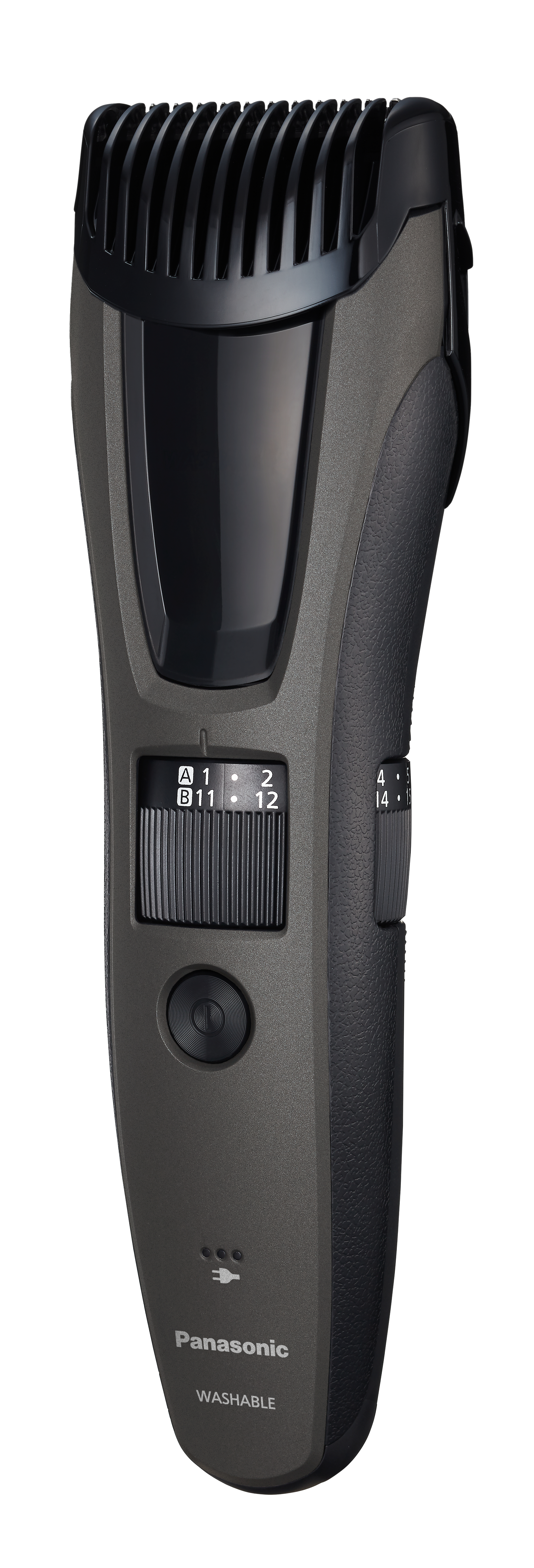 Ein grauer Panasonic Barttrimmer mit schwarzem Aufsatz und Einstellrad.