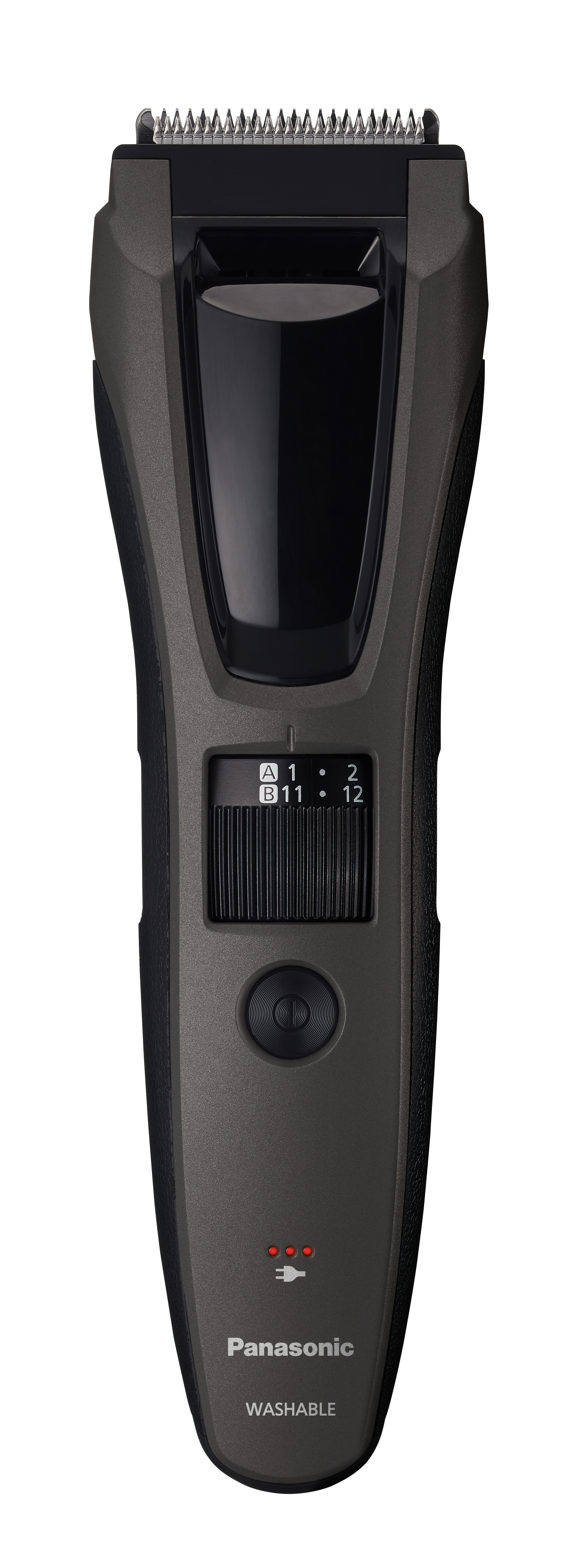 Ein grauer Panasonic Rasierer mit schwarzem Akzent und Einstellungswahlrad.