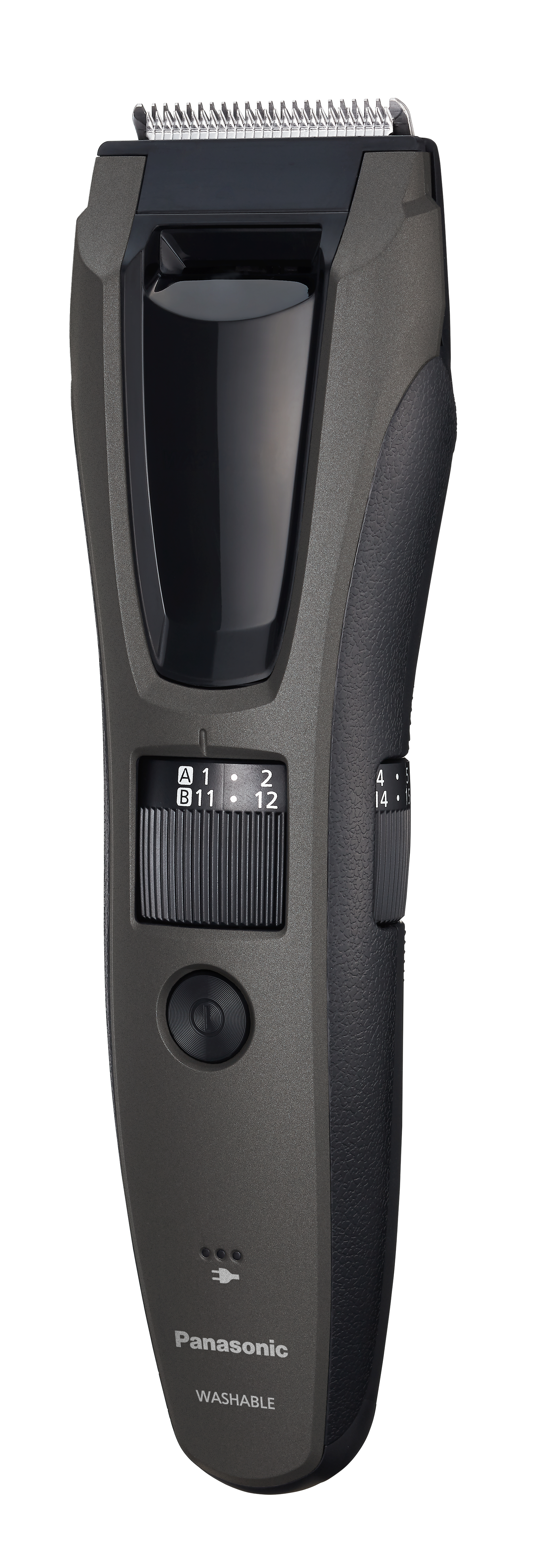 Dunkelgrauer Panasonic-Trimmer mit silbernen Klingen und Einstellrad.