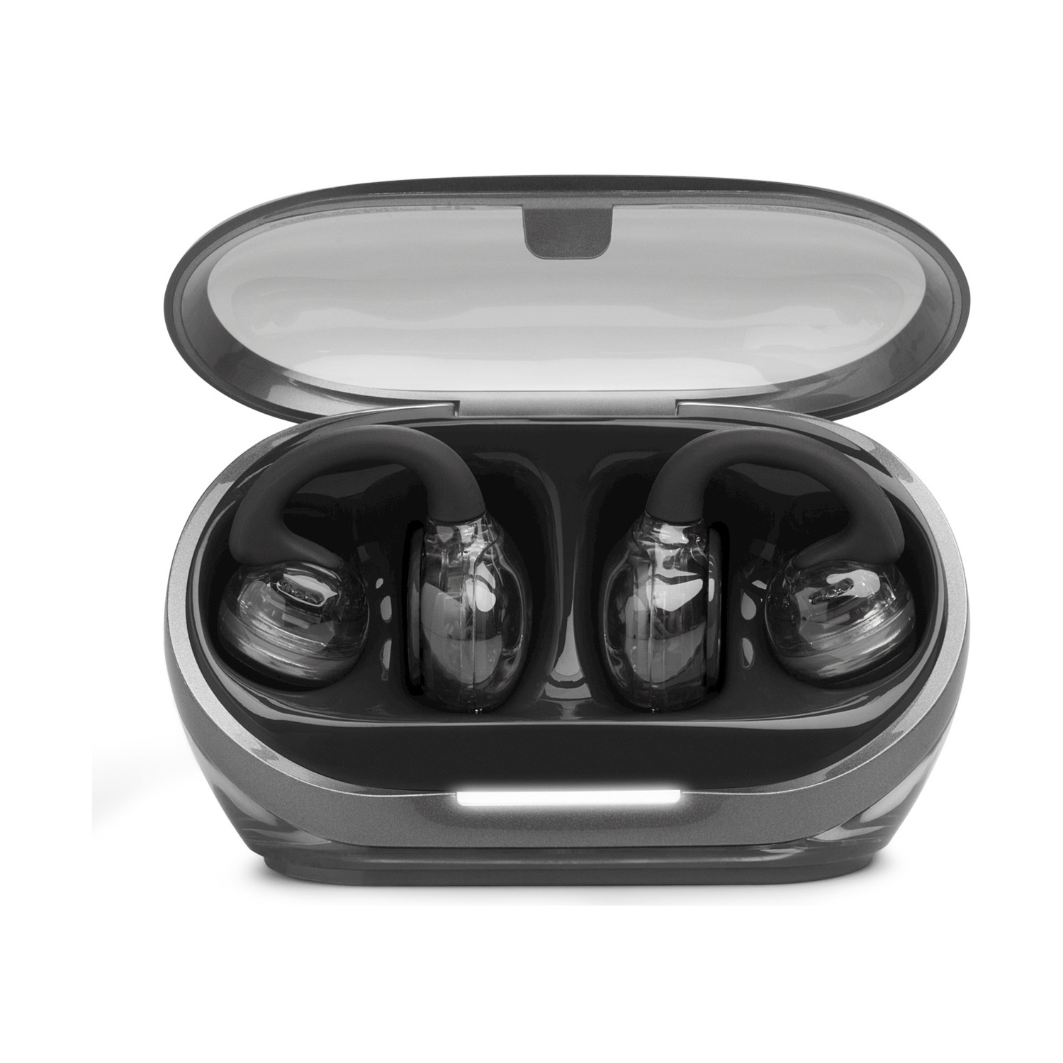 Auricolari wireless neri in custodia di ricarica aperta con cappucci trasparenti.