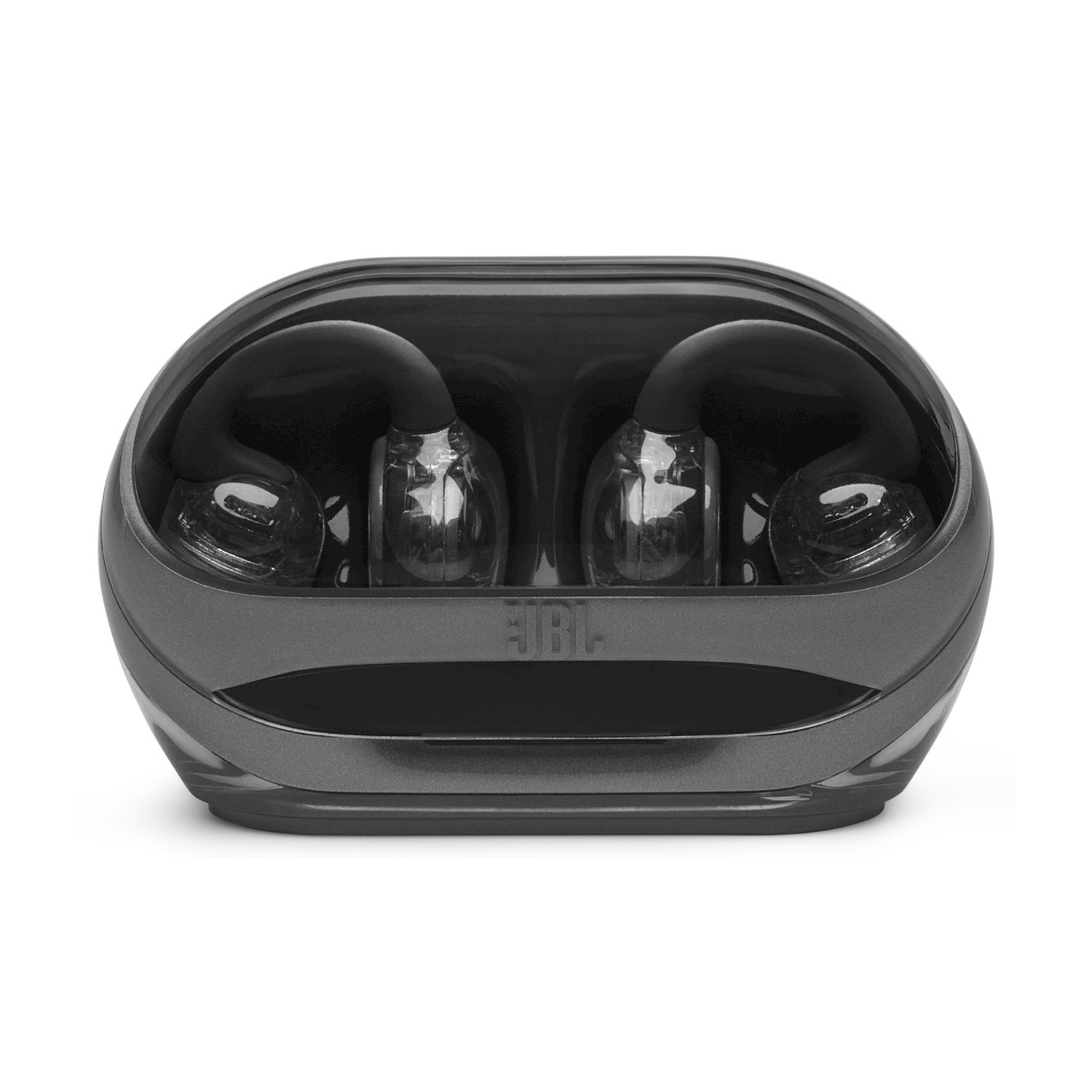 Auricolari wireless neri in custodia di ricarica scura con logo JBL.