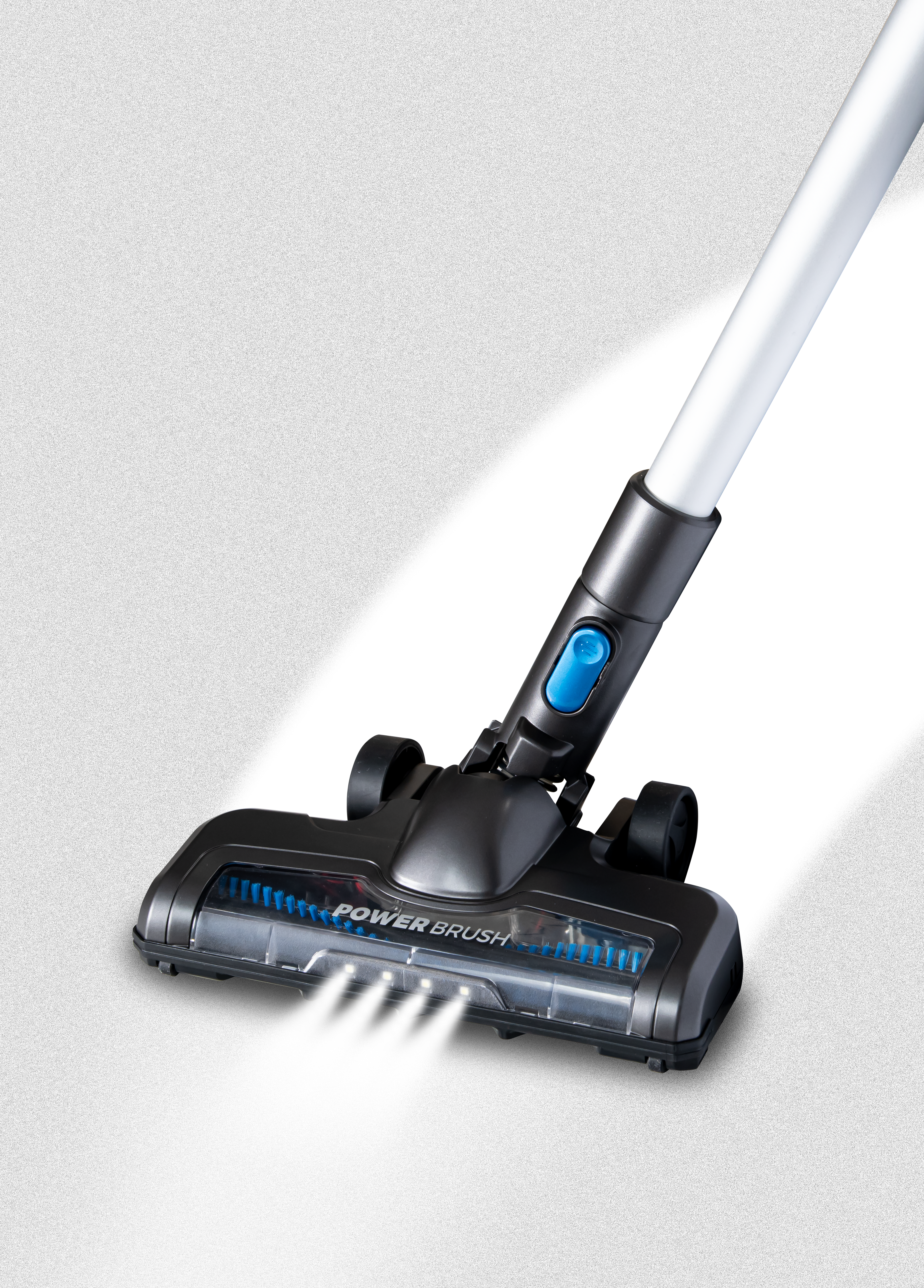 Czarna głowica odkurzacza z niebieską szczotką i światłami na białym tle.