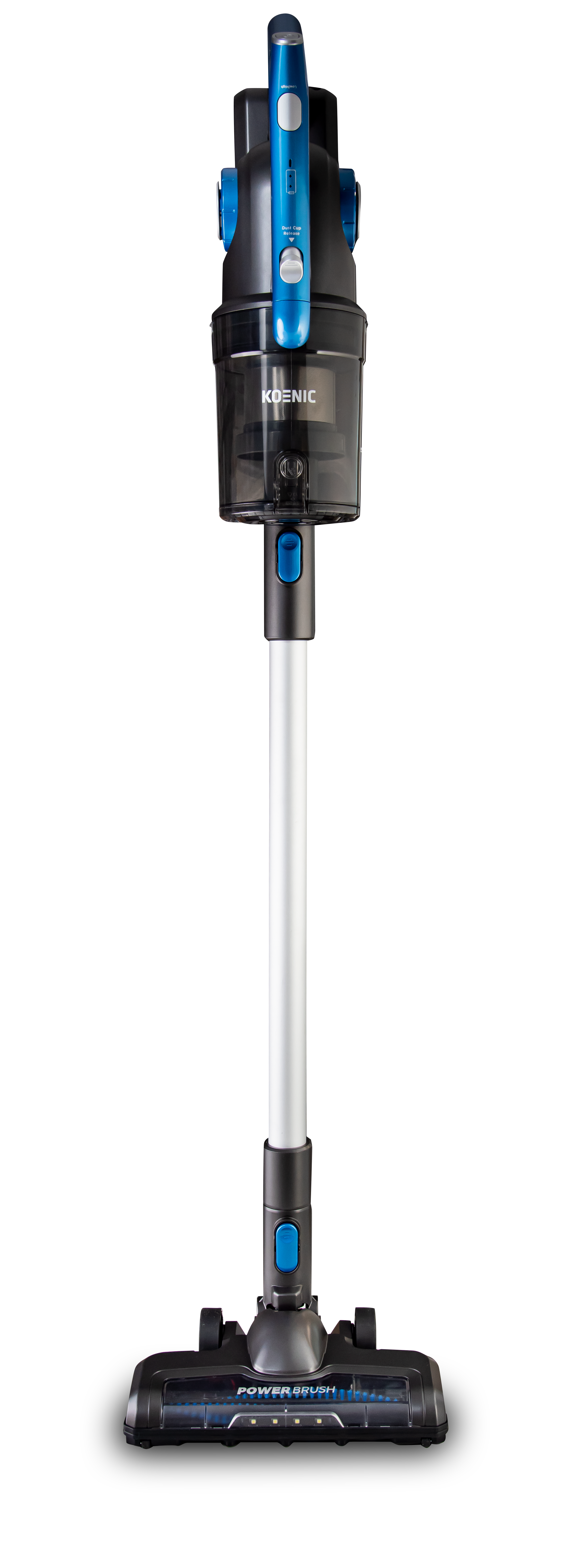 Czarny i niebieski odkurzacz pionowy ze srebrną rurą na czarnym tle.