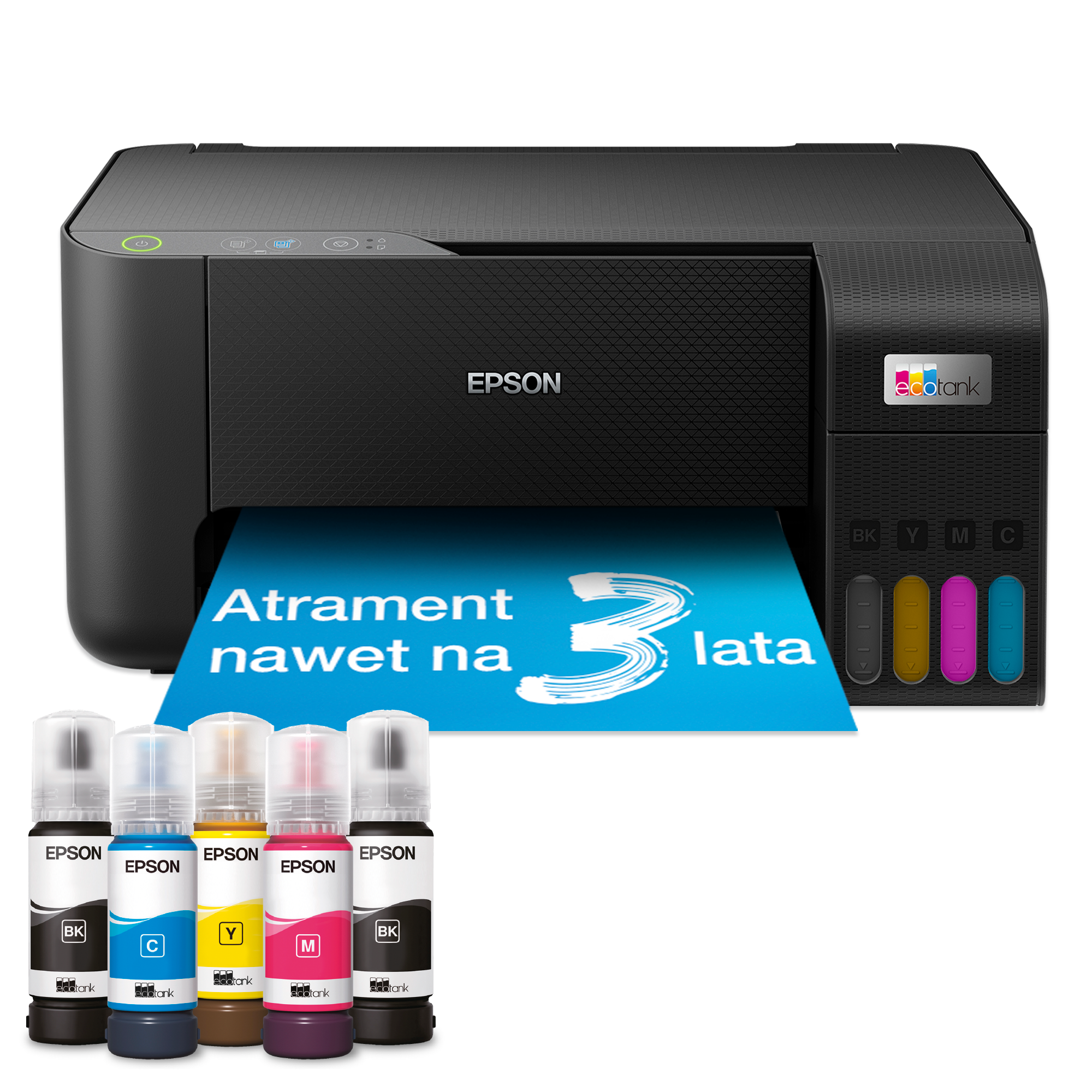 Drukarka Epson EcoTank z butelkami z atramentem: czarny, cyjan, żółty, magenta.
