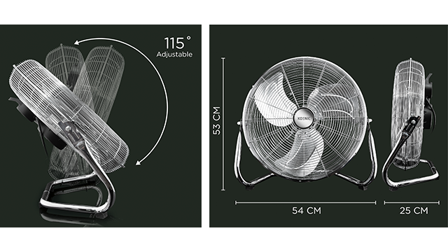 Srebrny wentylator pokazany w trzech ujęciach, jedno ze strzałkami regulacji.