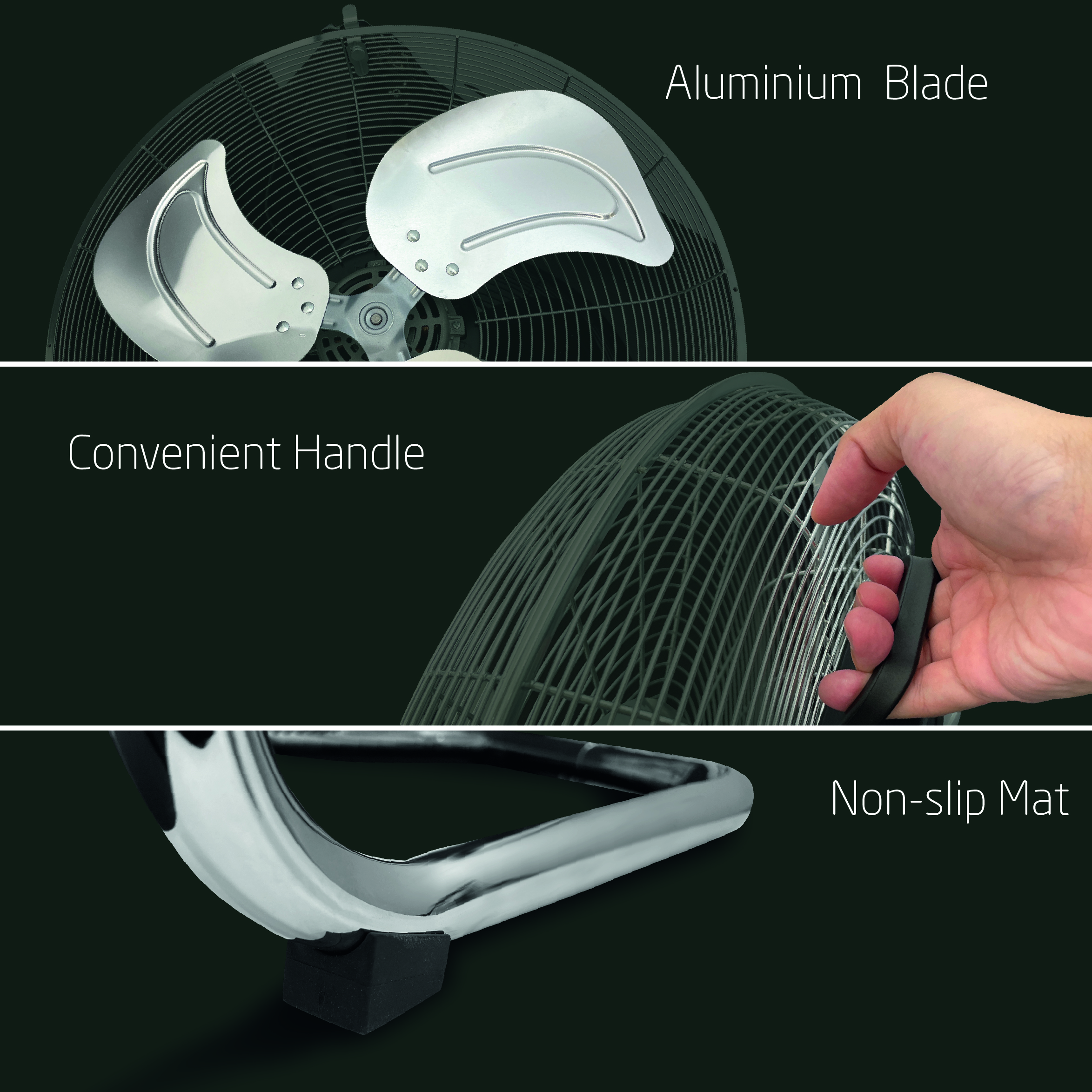 Wentylator z aluminiowymi łopatkami, uchwytem i matą antypoślizgową.