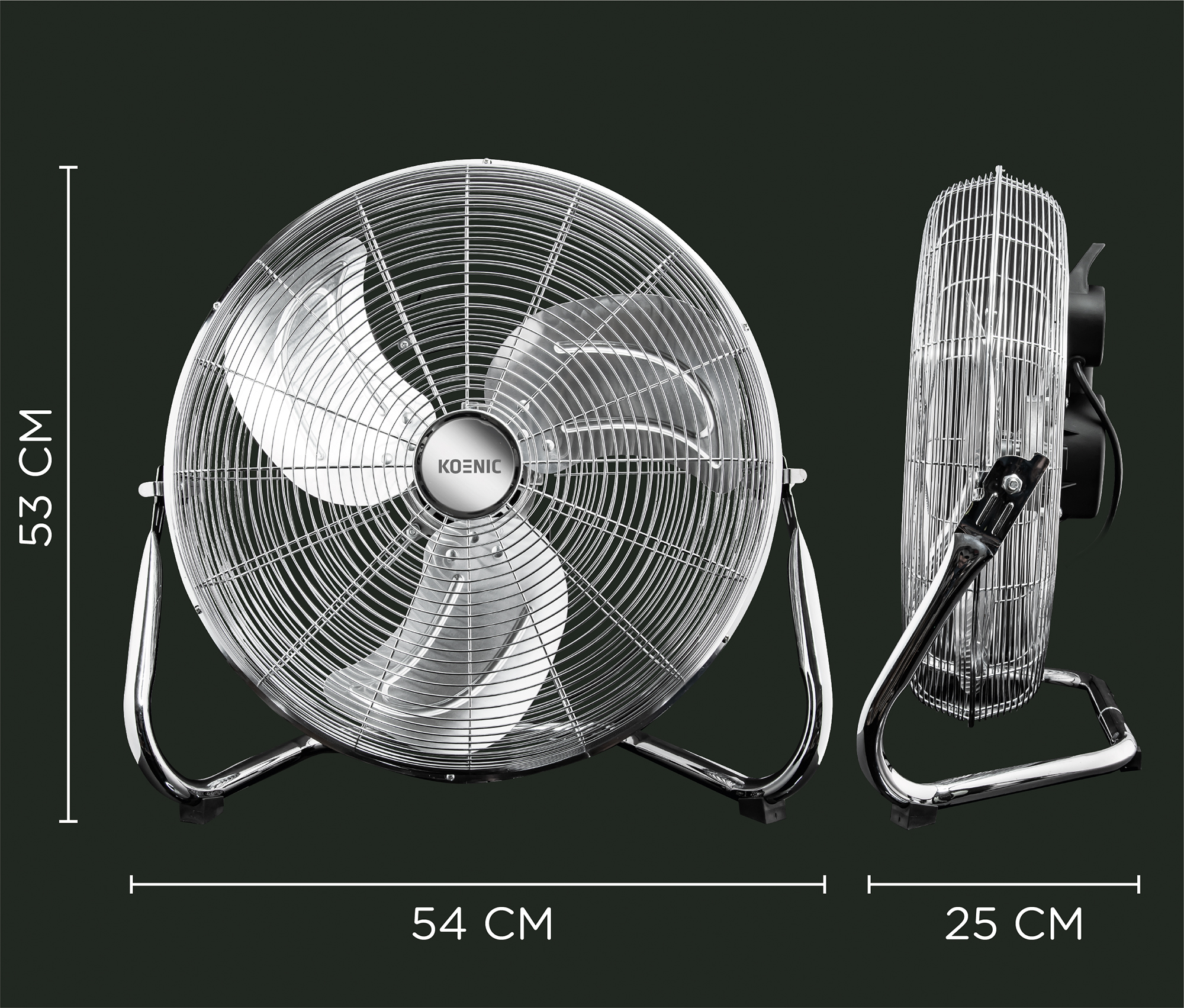Srebrny wentylator stojący, widok z przodu i z boku. Wymiary: 53cm wys., 54cm szer. (przód), 25cm szer. (bok).