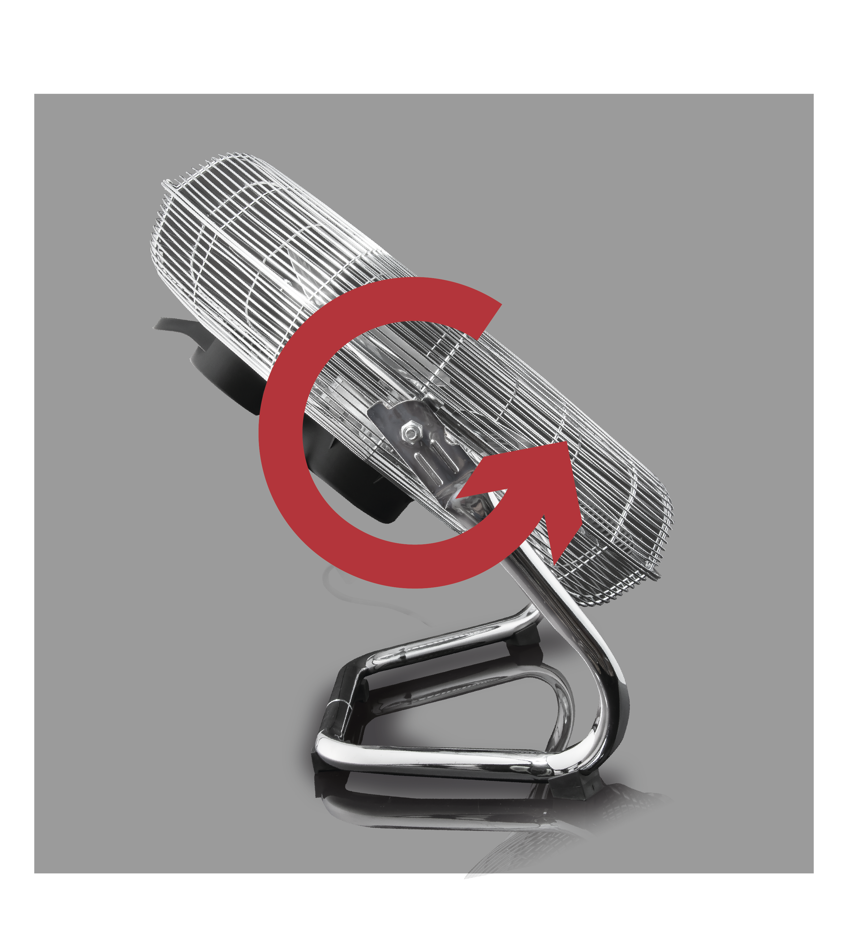 Srebrny wentylator z czerwonym symbolem strzałki wskazującym obrót.