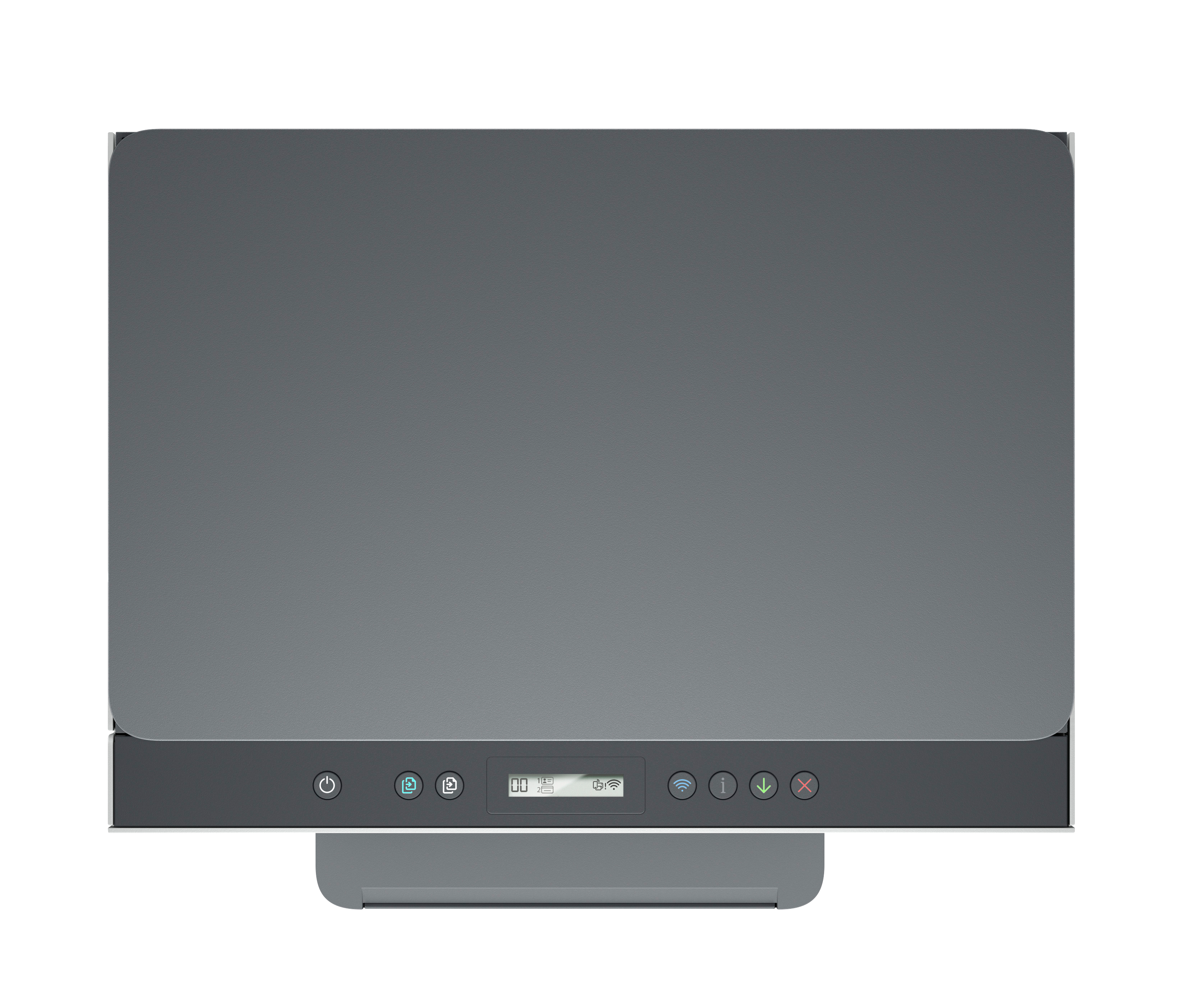 Szara drukarka z góry z panelem sterowania i wyświetlaczem.