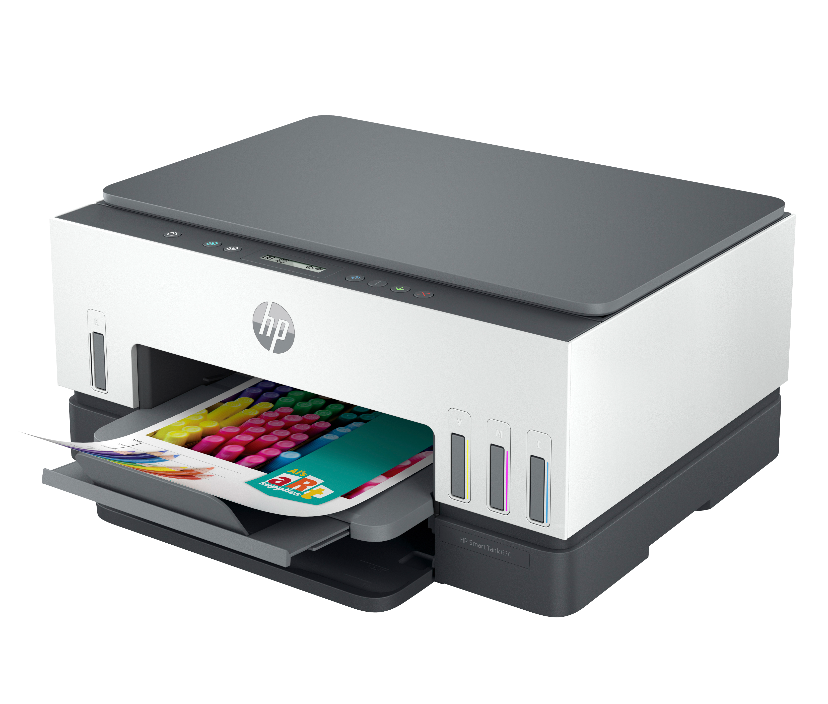 Biało-szara drukarka HP z papierem pokazującym kolorowe długopisy.