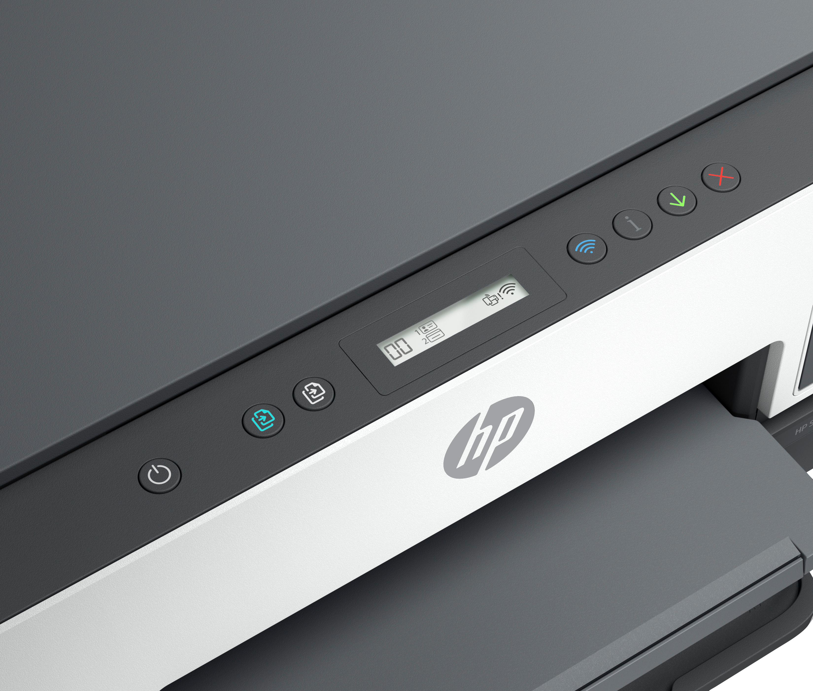 Zbliżenie szarej drukarki HP z panelem sterowania i logo HP.