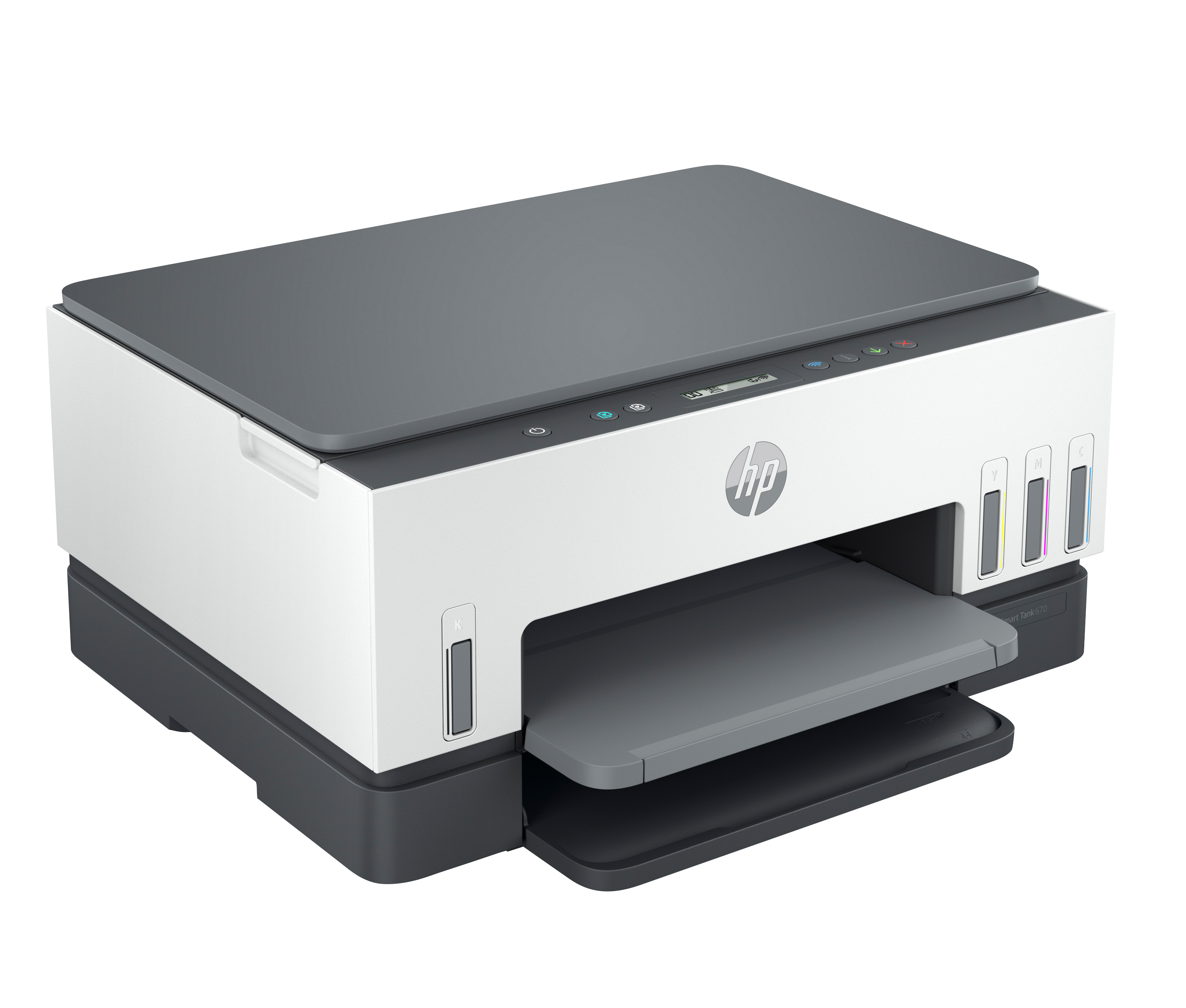 Biało-szara drukarka HP z widocznymi zbiornikami na tusz.