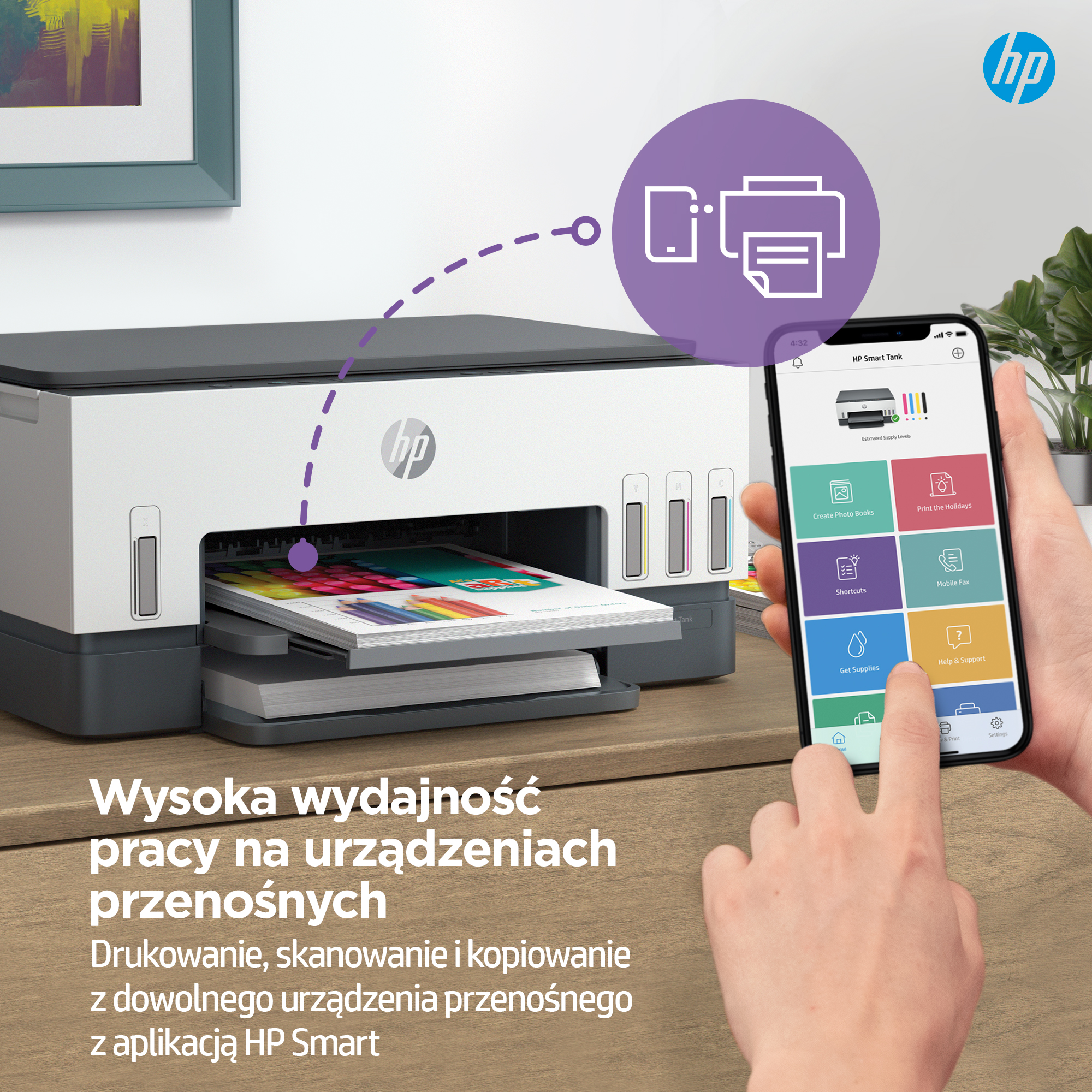 Drukarka HP z aplikacją HP Smart Tank. Drukuje kolorowe strony.