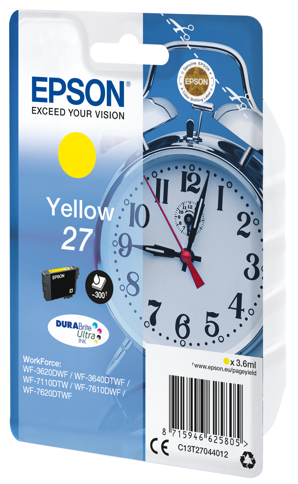 Tusz Epson Żółty 27 z motywem budzika. Zawiera informacje o drukarce.