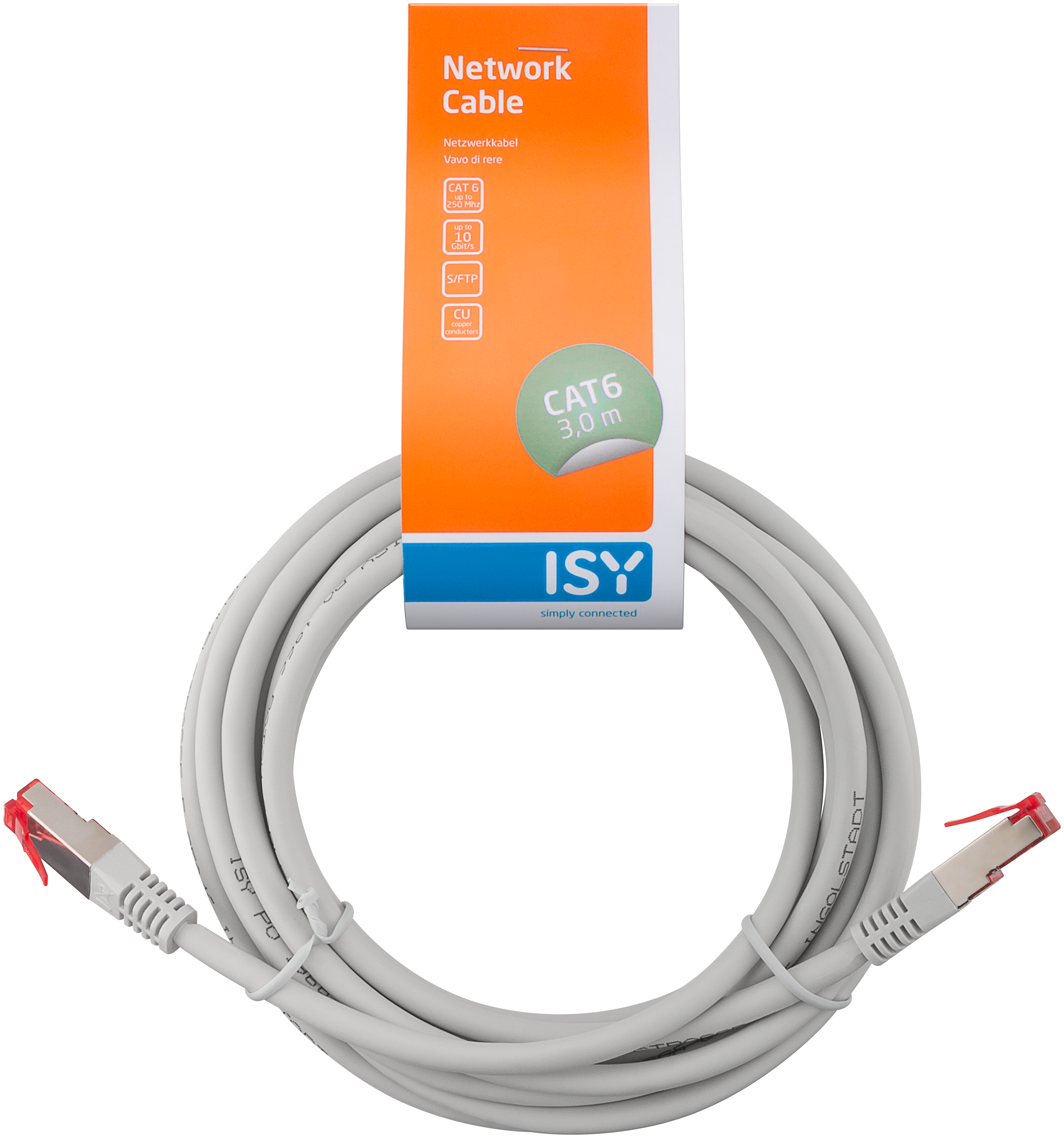 Szary kabel sieciowy (CAT 6, 3m) z czerwonymi złączami i pomarańczowym opakowaniem.