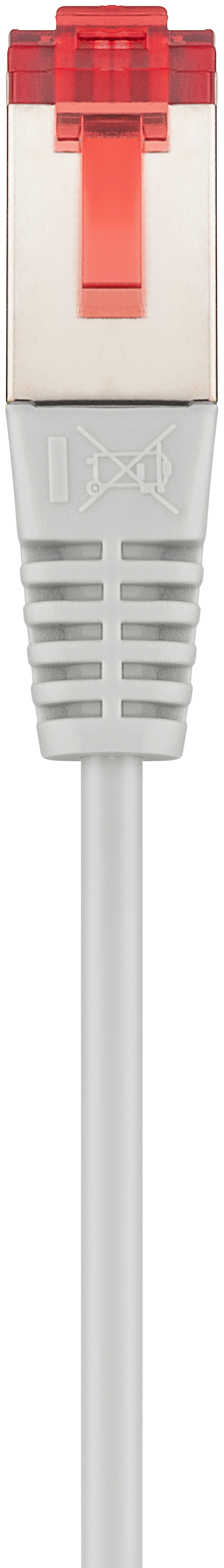 Zbliżenie białego kabla Ethernet z czerwonym złączem RJ45.