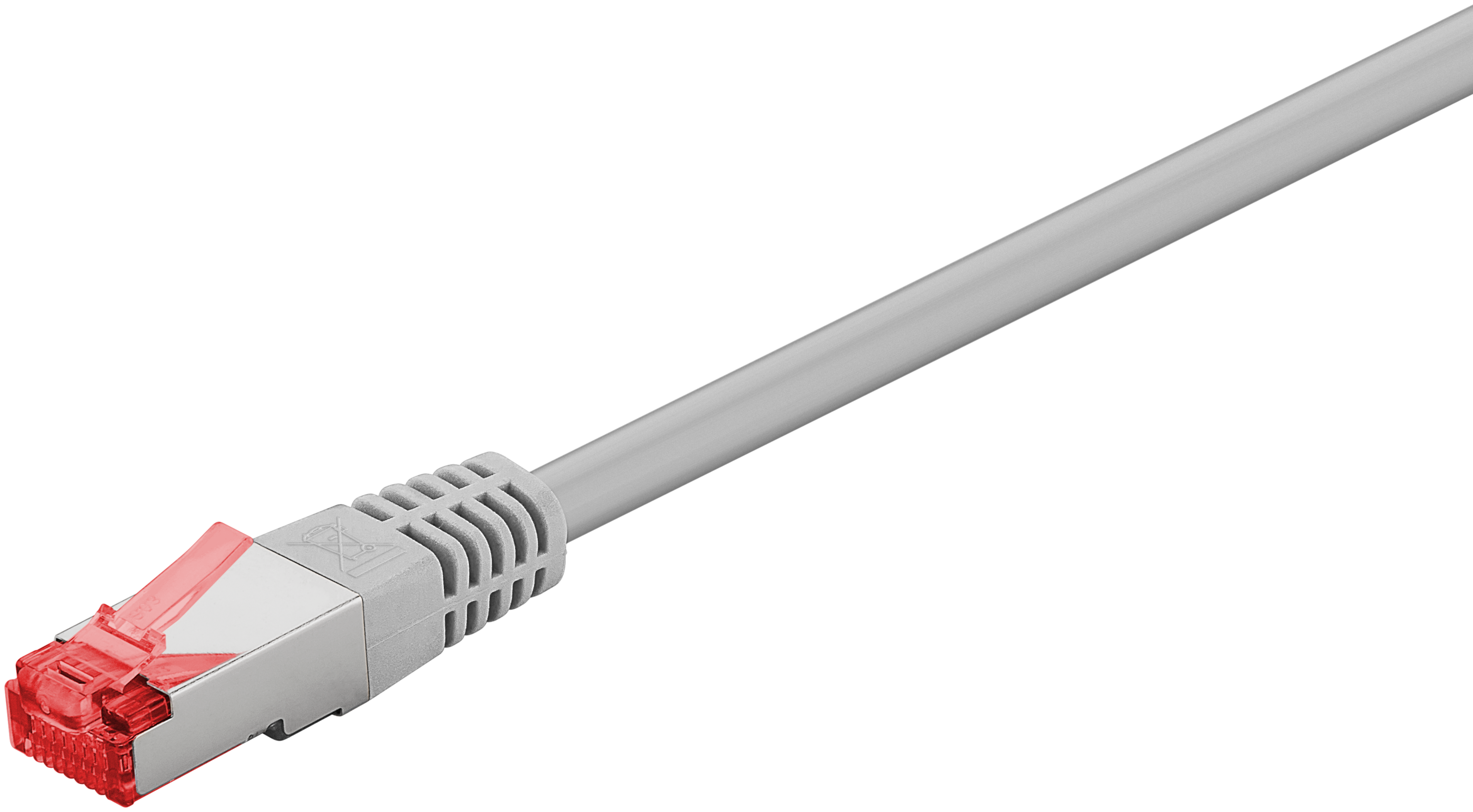Szary kabel sieciowy z czerwonym złączem RJ45 na czarnym tle.