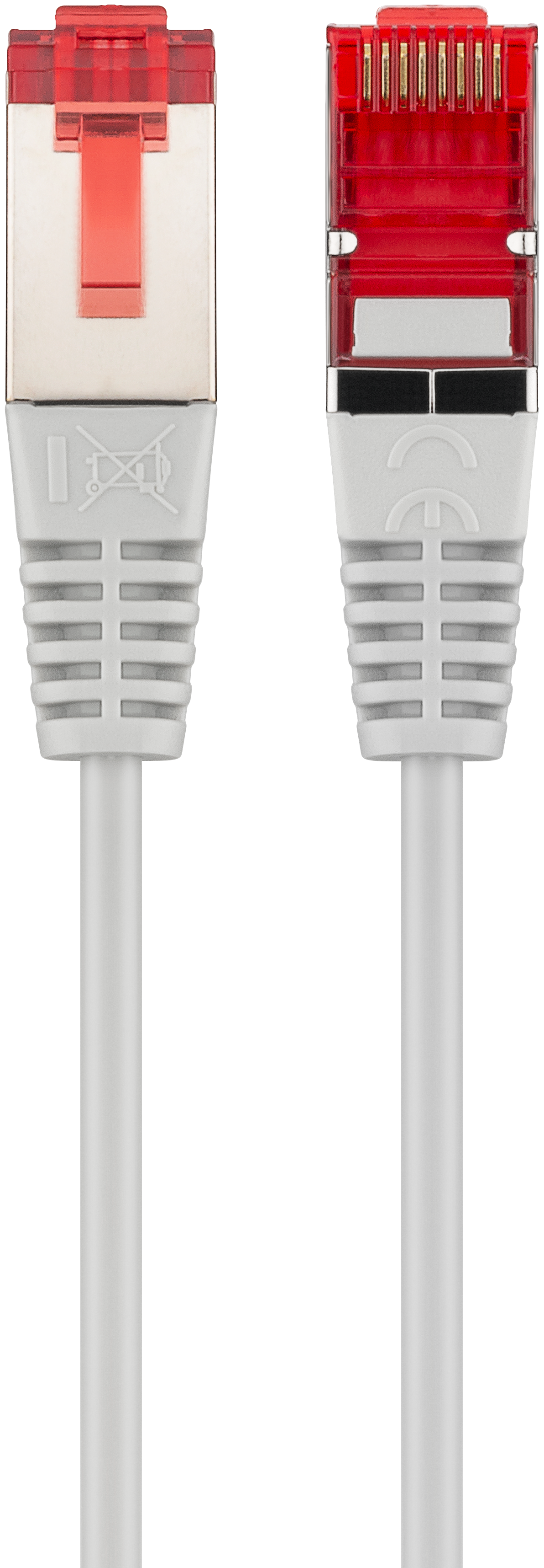 Dwa białe kable sieciowe z czerwonymi złączami RJ45, zbliżenie.