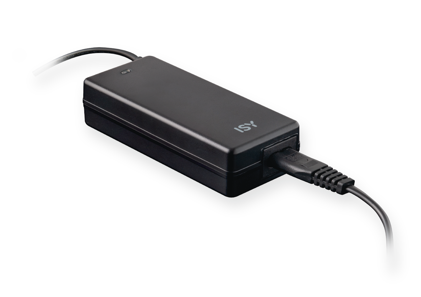 Czarny zasilacz ISY z podłączonym kablem i wtyczką.